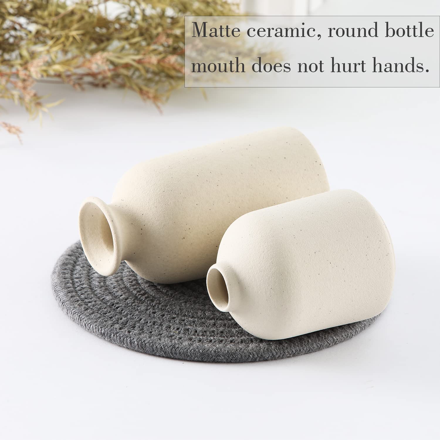 CEMABT Beige Ceramic Vase Set of 3 - Small Modern Boho Farmhouse Flower Vases for Home Decor, Perfect for Pampas Grass & Dried Flowers - Ideal for Shelf, Table, Bookshelf, Entryway and Living Room Decor - Distressed Finish