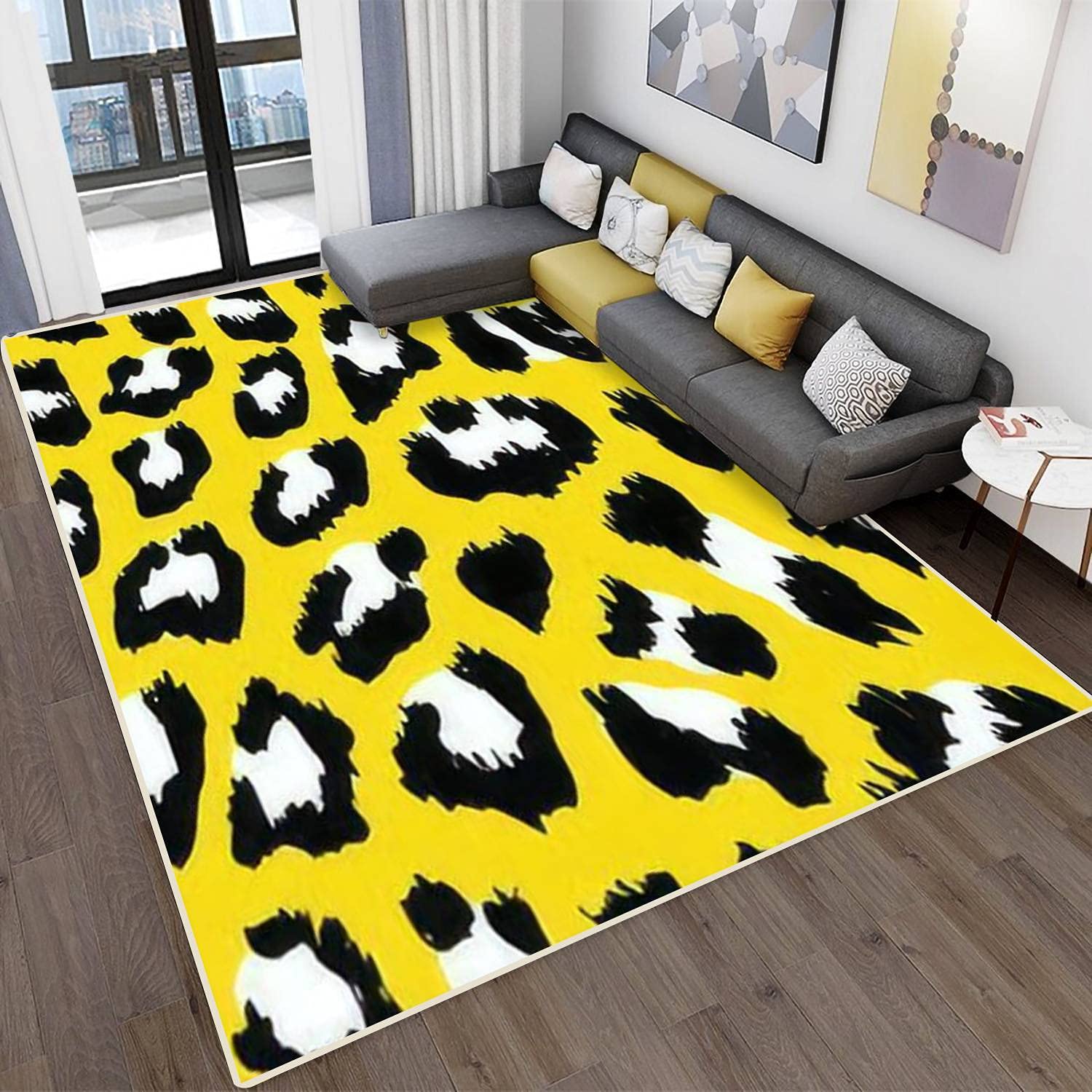 Modern Abstract Leopard Pattern Area Rugs - Stain Resistant Carpet Mat for Living Room, Bedroom, Kitchen & Bathroom - Funny Drawing Seamless Design with Lettering - Perfect Home Decor for Cozy Spaces & Pet-Friendly Areas