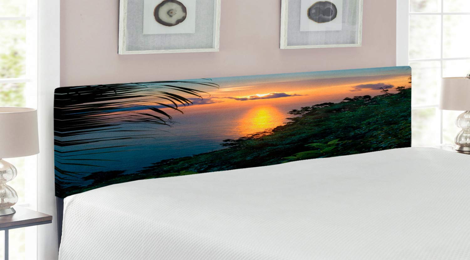 Ambesonne Rainforest Headboard - Tropical Sunrise Ocean Seaside Hills Design with Leaf Print | Upholstered Decorative Metal Bed Frame with Memory Foam | King Size Green Blue Orange Headboard for Bedroom Decor | Perfect for Coastal, Tropical or Nature-Themed Bedrooms