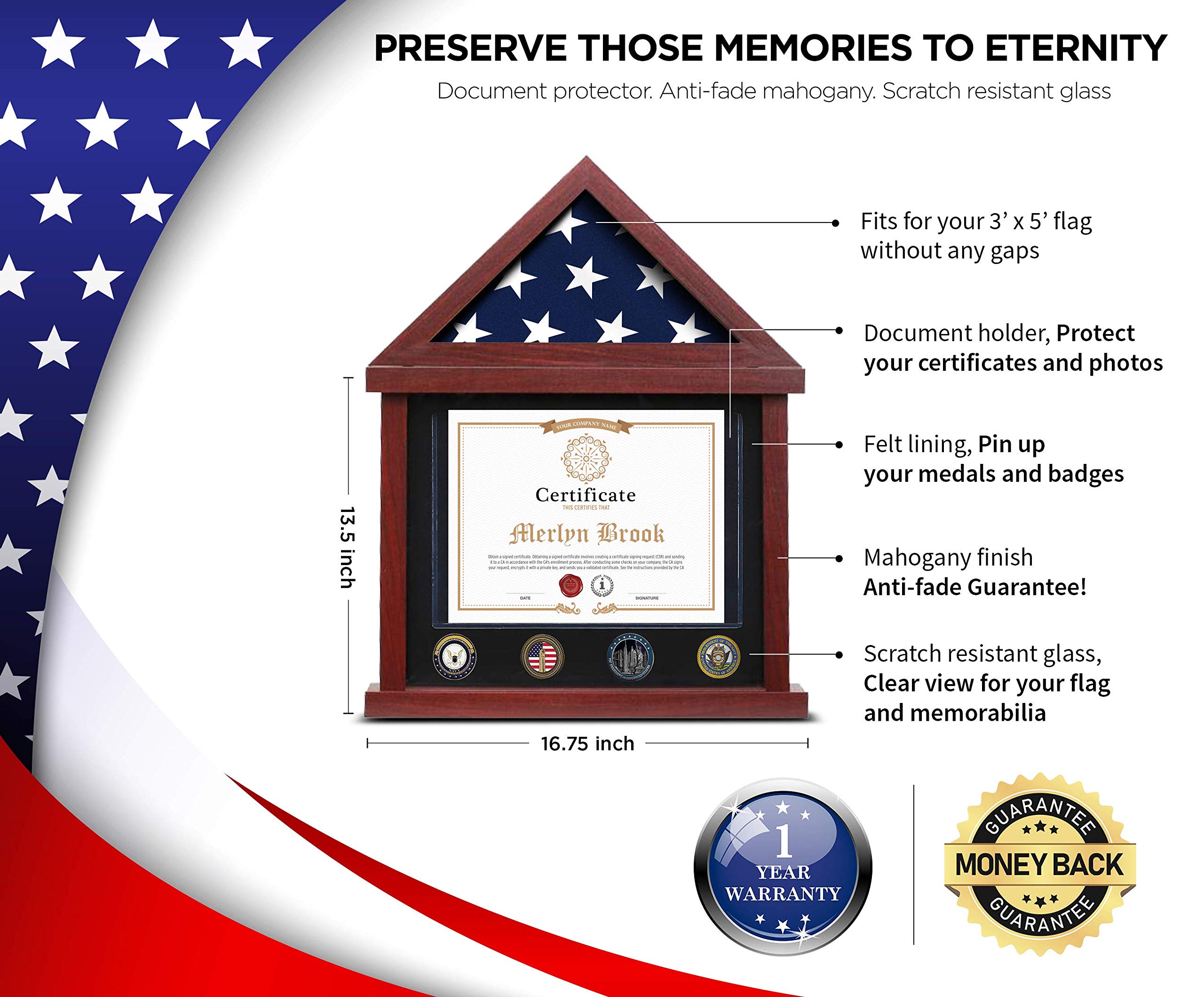 FlyBold Military Shadow Box Display Case - 3x5 ft American Flag with Certificate, 95% Flag Coverage, Mahogany Frame & Whiskey Decanter Set (28oz Globe with 2 Glasses & Funnel) - Perfect for Home Decor, Man Cave, Military Memorabilia Display & Whiskey Lover Gifts