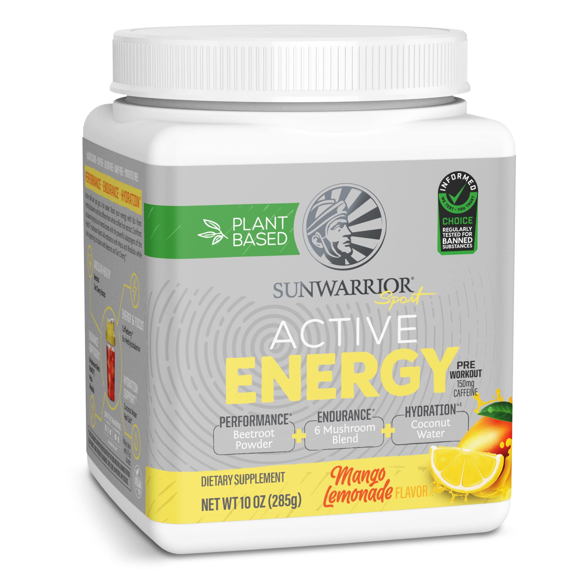 Sunwarrior Plant-Based Preworkout Powder - Vegan Coconut Water & Mushroom Blend | Soy, Sugar, Gluten, Dairy & Synthetic Free | Mango Lemonade Flavor (30 Servings) | Natural Energy Boost for Workouts, Running & Fitness Training
