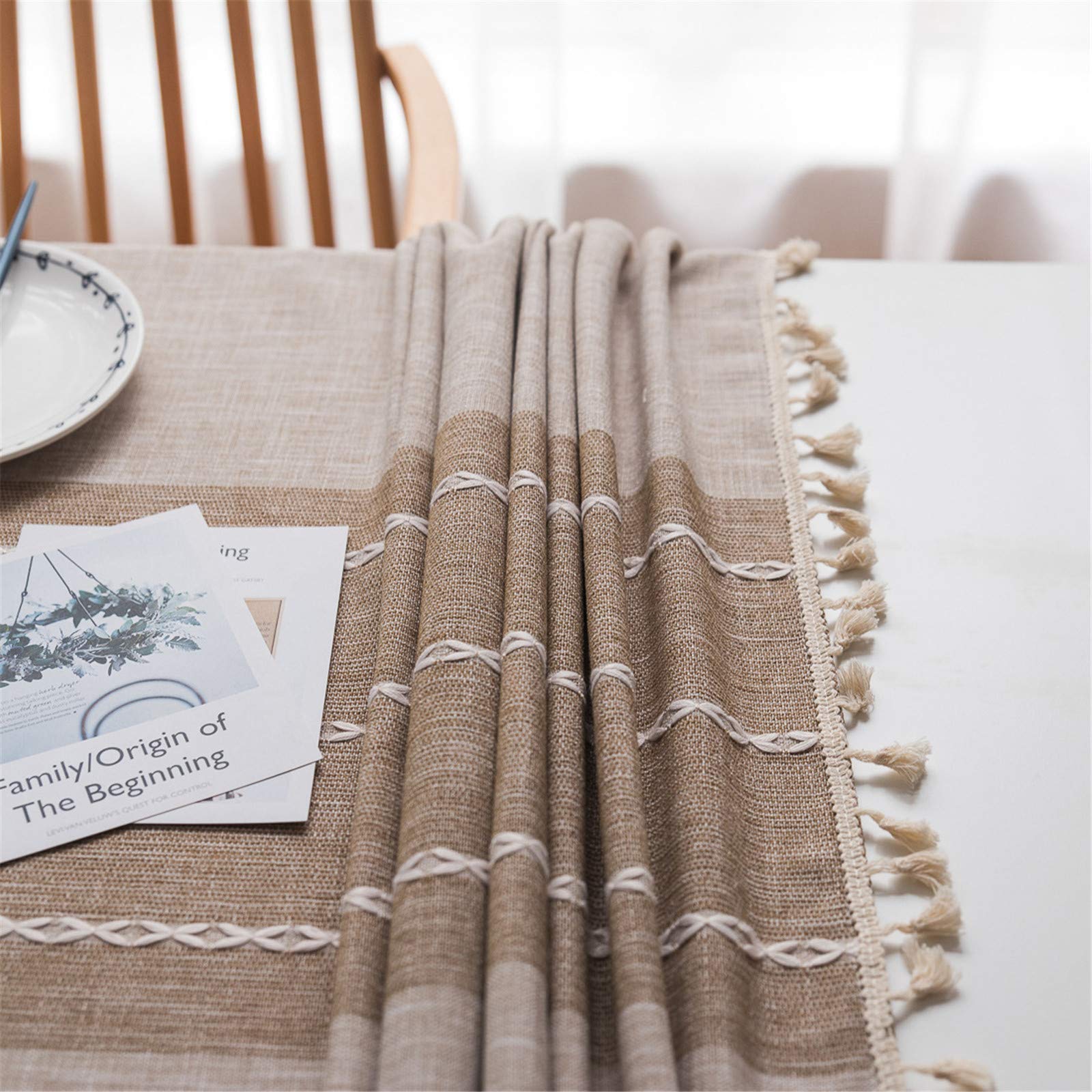 Premium Cotton Linen Embroidered Tablecloth with Tassel Trim - Light Coffee Rectangle Table Cover 55x86 Inch for Dining Room, Kitchen, Party & Home Decor - Perfect for Holiday Gatherings, Weddings and Everyday Use