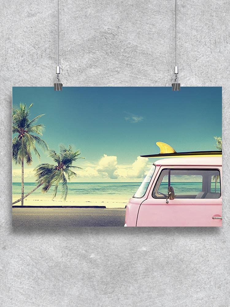 Smartprints Pink Car with Surfboard Poster - Vibrant Wall Art for Beach Themed Rooms, Teen Bedroom Decor & Surf Lover Gifts