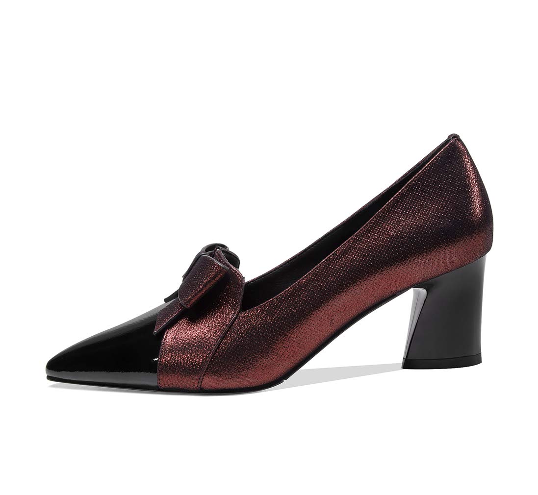 TinaCus Women's Handmade Leather Glossy Pointed Toe Mid Heel Slip On Loafers - Elegant Bowtie Dress Shoes for Office, Party & Formal Events