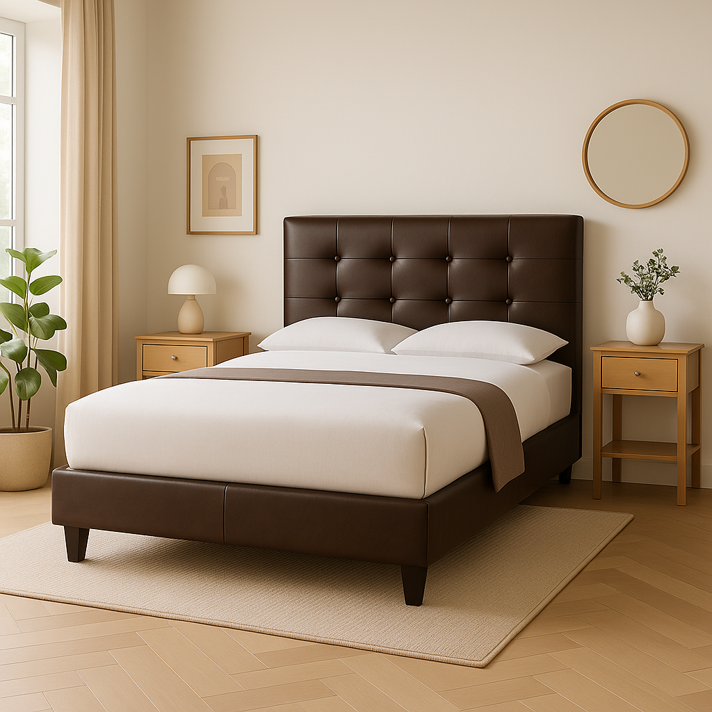 Ellie Queen Size Faux Leather Upholstered Bed Frame with Wooden Slats - Modern Platform Bed for Bedroom, Guest Room & Master Suite