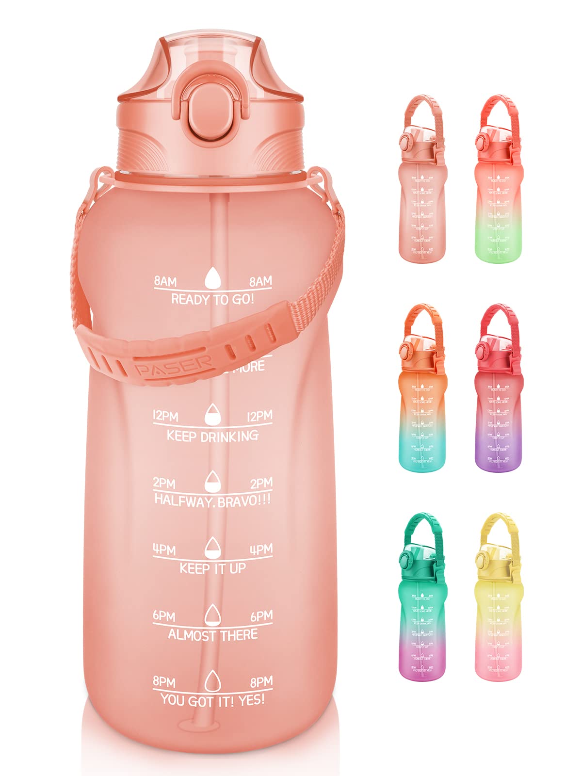 **PASER 32oz/64oz Motivational Water Bottle with Time Marker & Removable Strap - BPA Free, Leakproof Tritan Large Water Bottle for Gym, Hiking, Office & Travel - Stay Hydrated Daily**