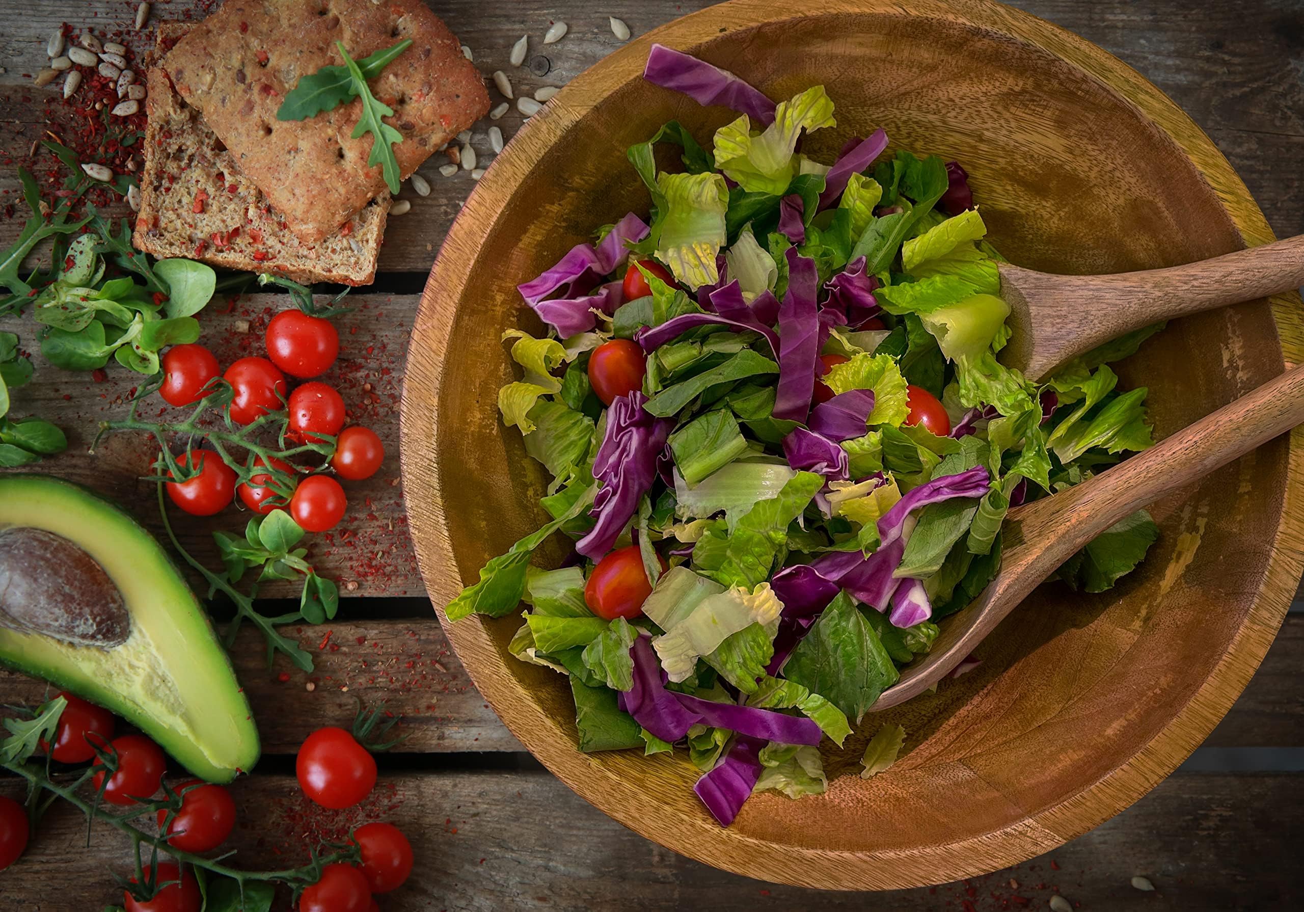 Premium 15 Inch Extra Large Wooden Salad Bowl Set with Serving Utensils - Natural Mango Wood Serving Bowl & Servers for 9 Side Salads | Perfect for Family Dinners, Parties & Entertaining Guests