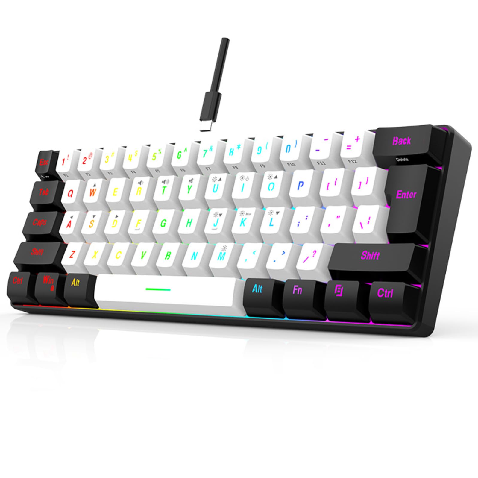 60% RGB Gaming Keyboard - 61 Keys, LED Backlit, Ergonomic Mechanical Feel, Wired USB for Office & Business Gaming (White) - Perfect for Compact Desks & Travel Setups