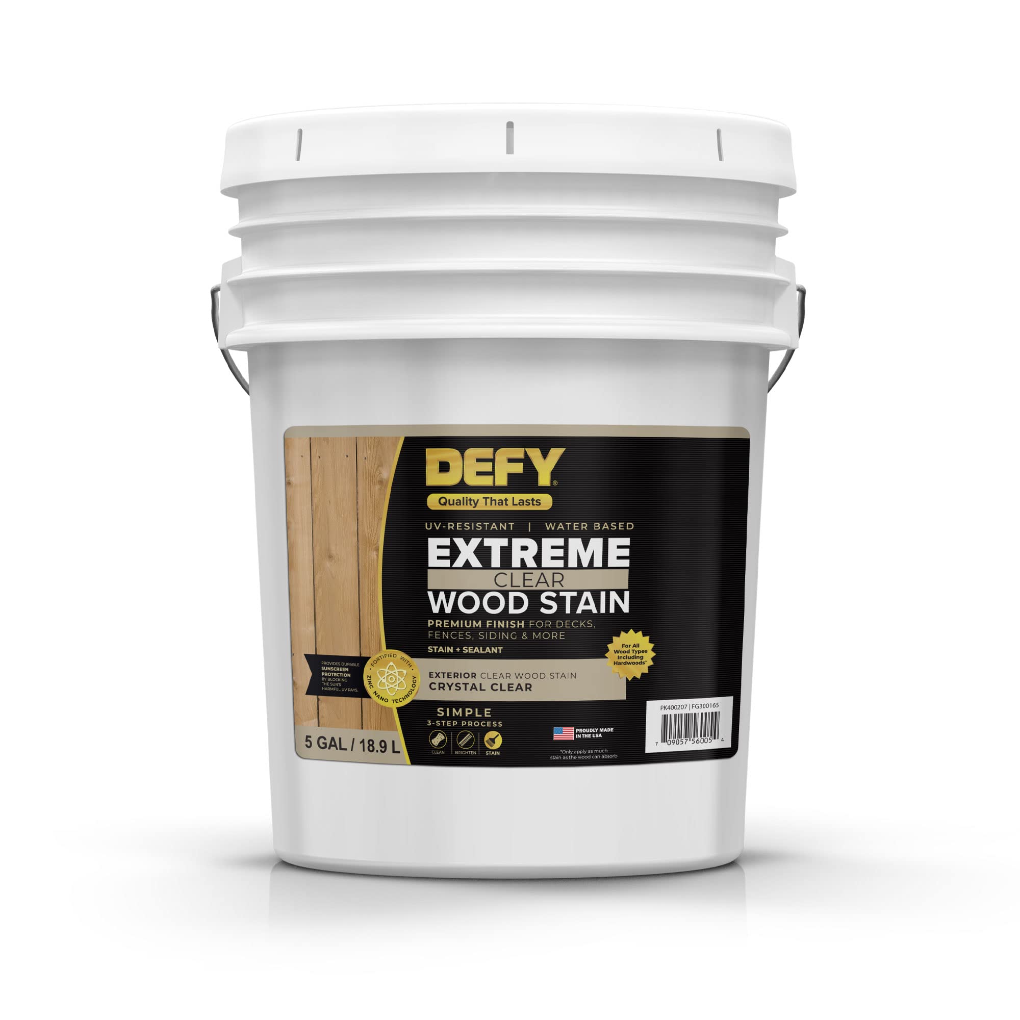 DEFY Extreme Crystal Clear Outdoor Wood Stain and Sealer - 5 Gallon Waterproof Wood Protector for Decks, Fences & Siding | UV Resistant, Eco-Friendly, Made in USA | Perfect for DIY Projects & Professional Use