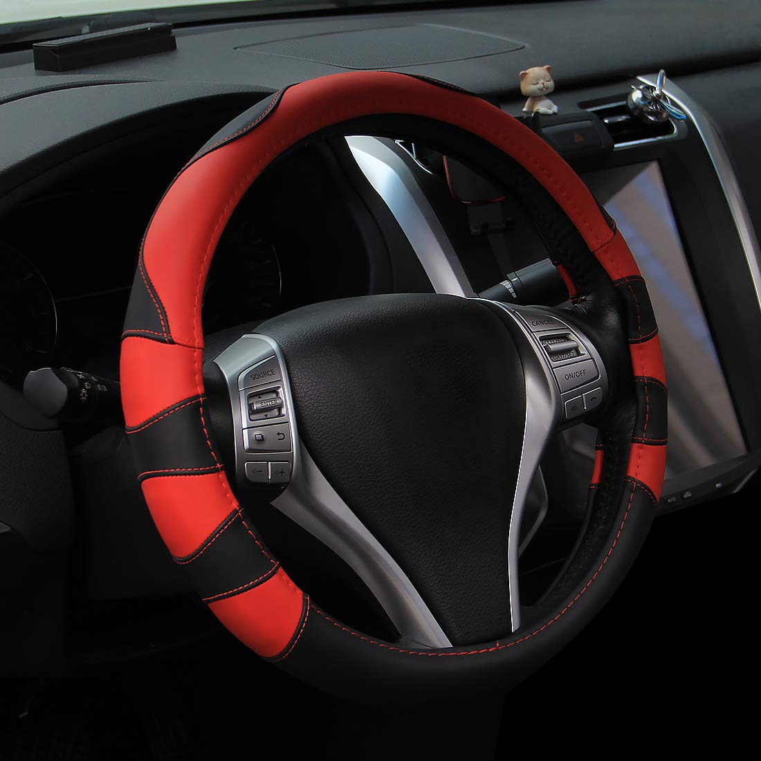 Non-Slip 15 Inch Universal Leather Steering Wheel Cover - Red & Black Design for Women | Perfect for Cars, Trucks & SUVs | Enhances Grip & Comfort for Daily Commute & Road Trips
