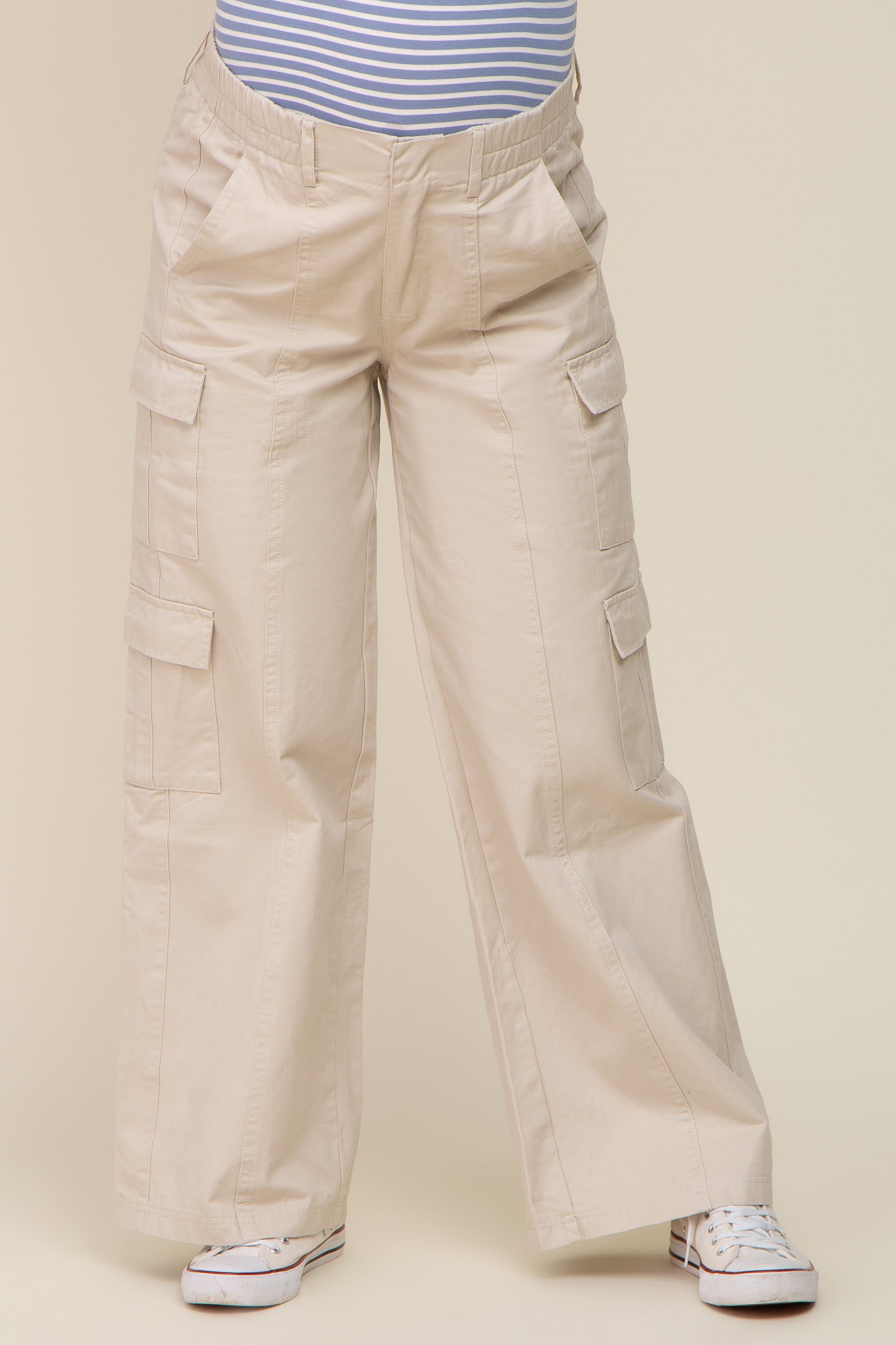 Beige Maternity Cargo Pants for Women - Stretchy Double Pocket Wide Leg Pregnancy Pants | Comfortable Work & Casual Wear for Expecting Moms