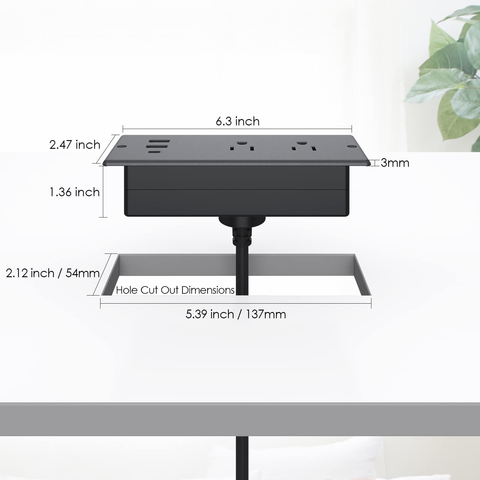 Recessed Power Strip with 20W USB-C Fast Charging & 2 Outlets - Waterproof Desk & Furniture Power Outlet, Surge Protector for Conference Rooms, Drawers, Flat Plug & 6ft Cable (Black) - Ideal for Office, Home & Workspace Charging Needs