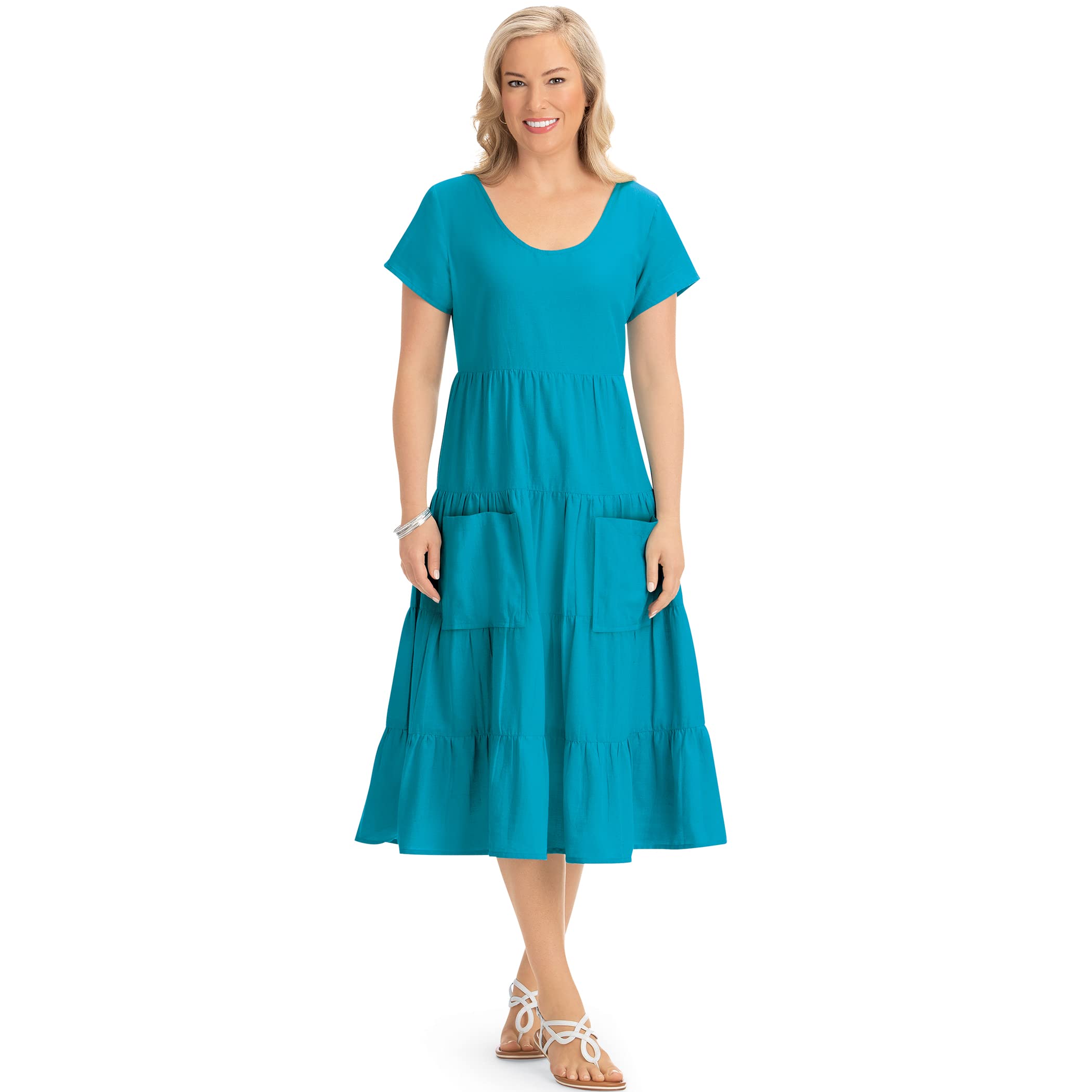 Collections Etc Women's Short Sleeve Tiered Cotton Linen Casual Summer Dress - Perfect for Beach, Vacation & Everyday Wear
