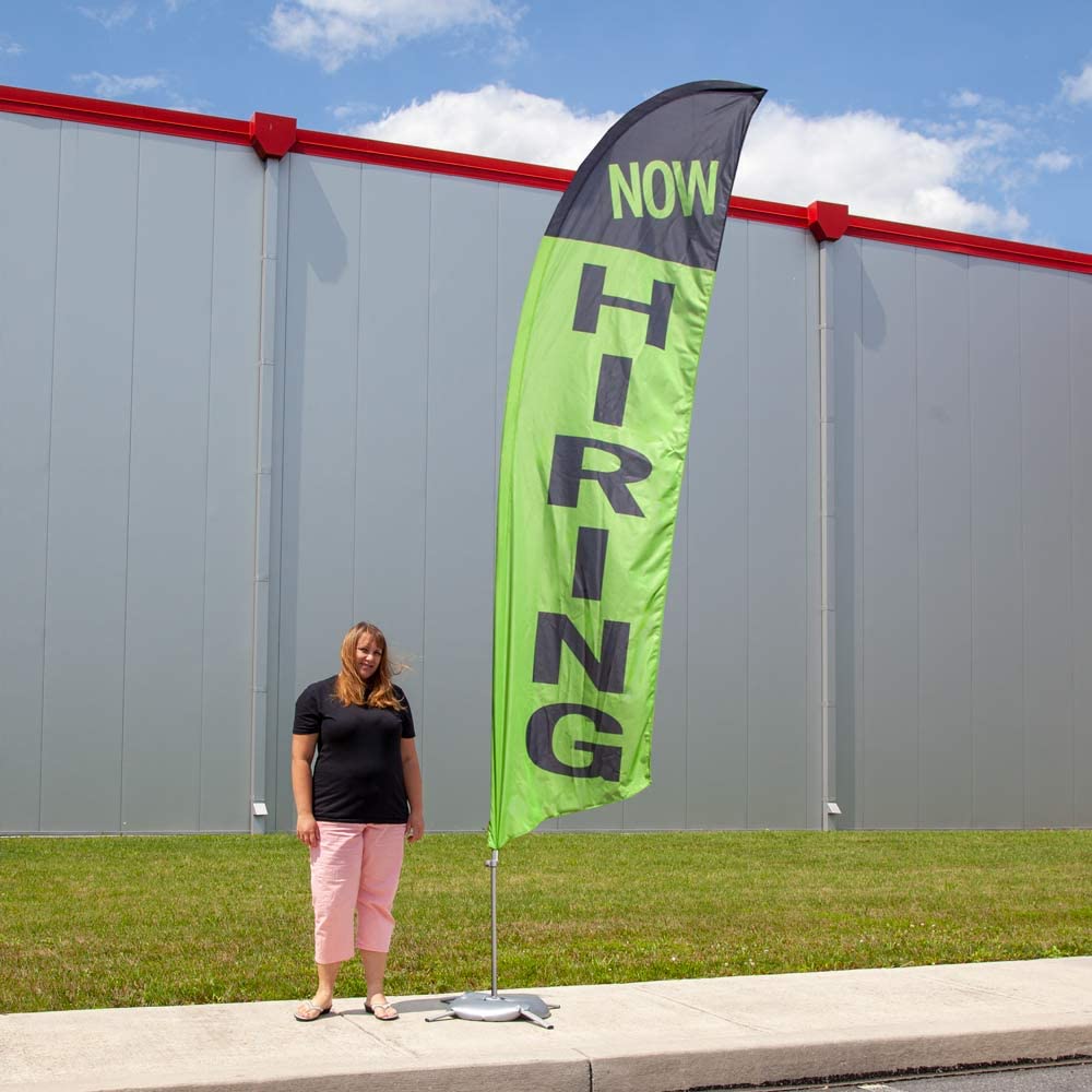 Vispronet Premium Now Hiring Feather Flag Kit – 13ft Green and Black Printed Flag with Aviation-Grade Fiberglass Poles, Cross Base & Weight Bag – Ideal for Business Advertising, Job Fairs, and Outdoor Events – Made in USA