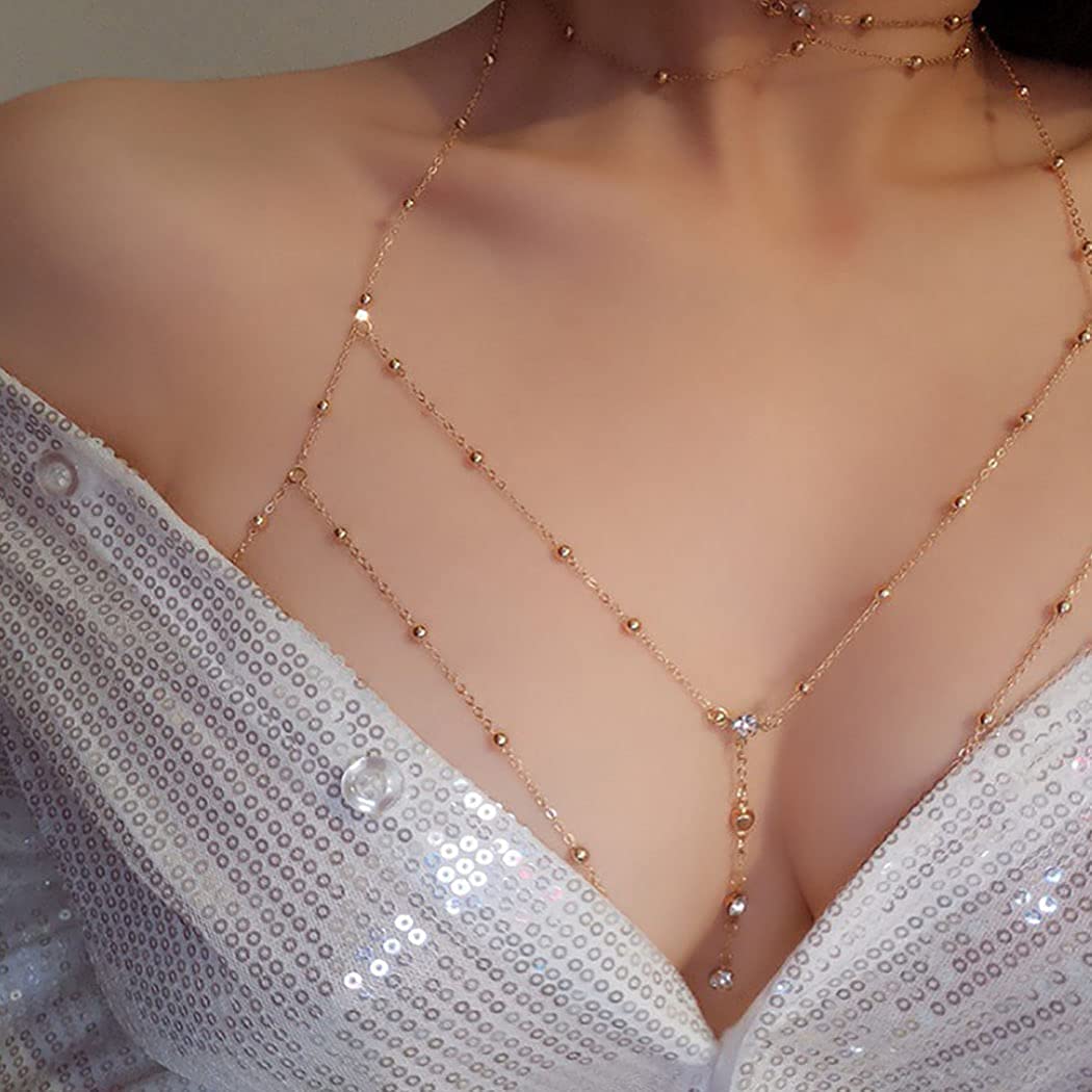 Dreamyn Boho Rhinestone Body Chain - Silver Crystal Bikini Jewelry for Women | Summer Beach Accessories, Festival Outfit Enhancer, Swimwear Decor (Gold)