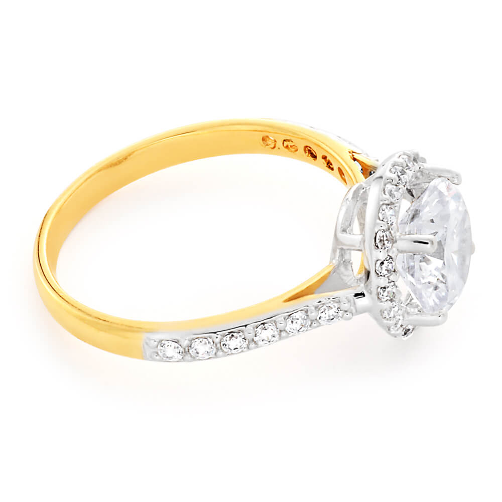 9ct Yellow Gold & White Gold Cubic Zirconia Solitaire Fancy Ring for Women - Elegant Wedding, Engagement, Anniversary & Party Jewelry Gift