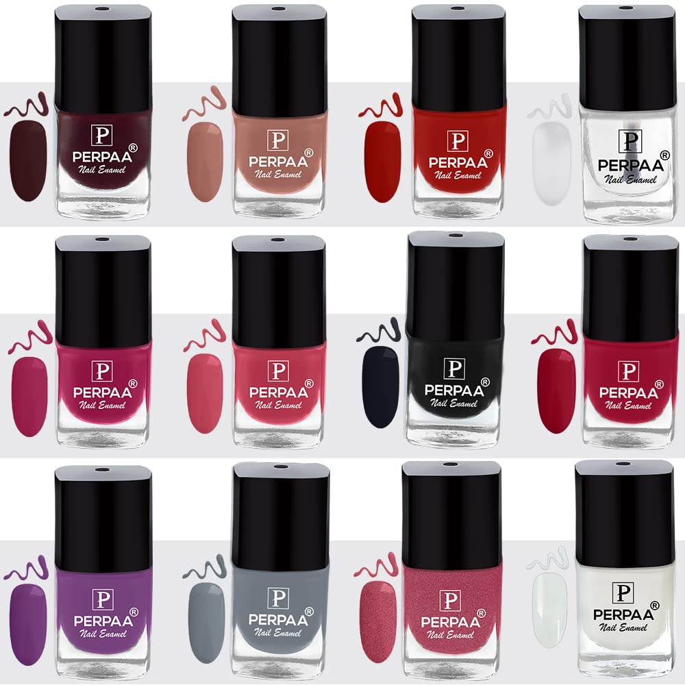 PERPAA® 12 Colors Long-Lasting Quick-Dry Gel Nail Polish Set - Maroon, Nude, Red, Deep Red, Pink, Black, Clear, White, Purple, Gray | Salon Quality DIY Manicure at Home | Perfect for Parties, Weddings, Holidays & Everyday Wear