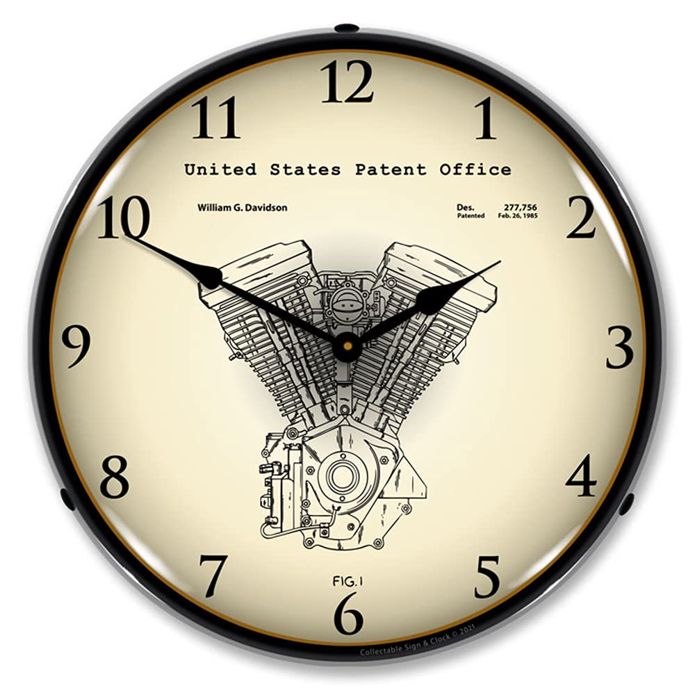 Harley Davidson Evolution Engine Patent LED Wall Clock - 14 Inch Retro Vintage Lighted Motorcycle Decor for Man Cave, Garage & Bar