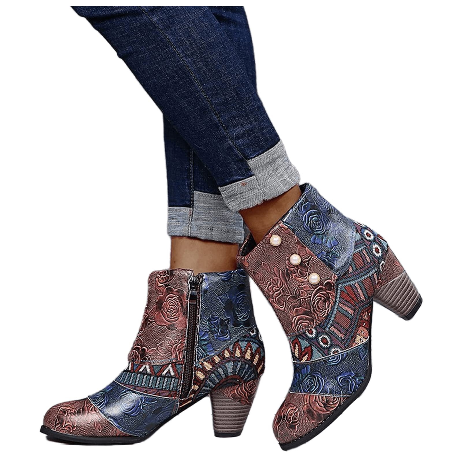 Lausiuoe Women's Cowboy Ankle Booties - Chunky Stacked Mid Heel Western Boots with Side Zipper, Wide Width - Perfect for Country Rides, Concerts & Casual Outfits