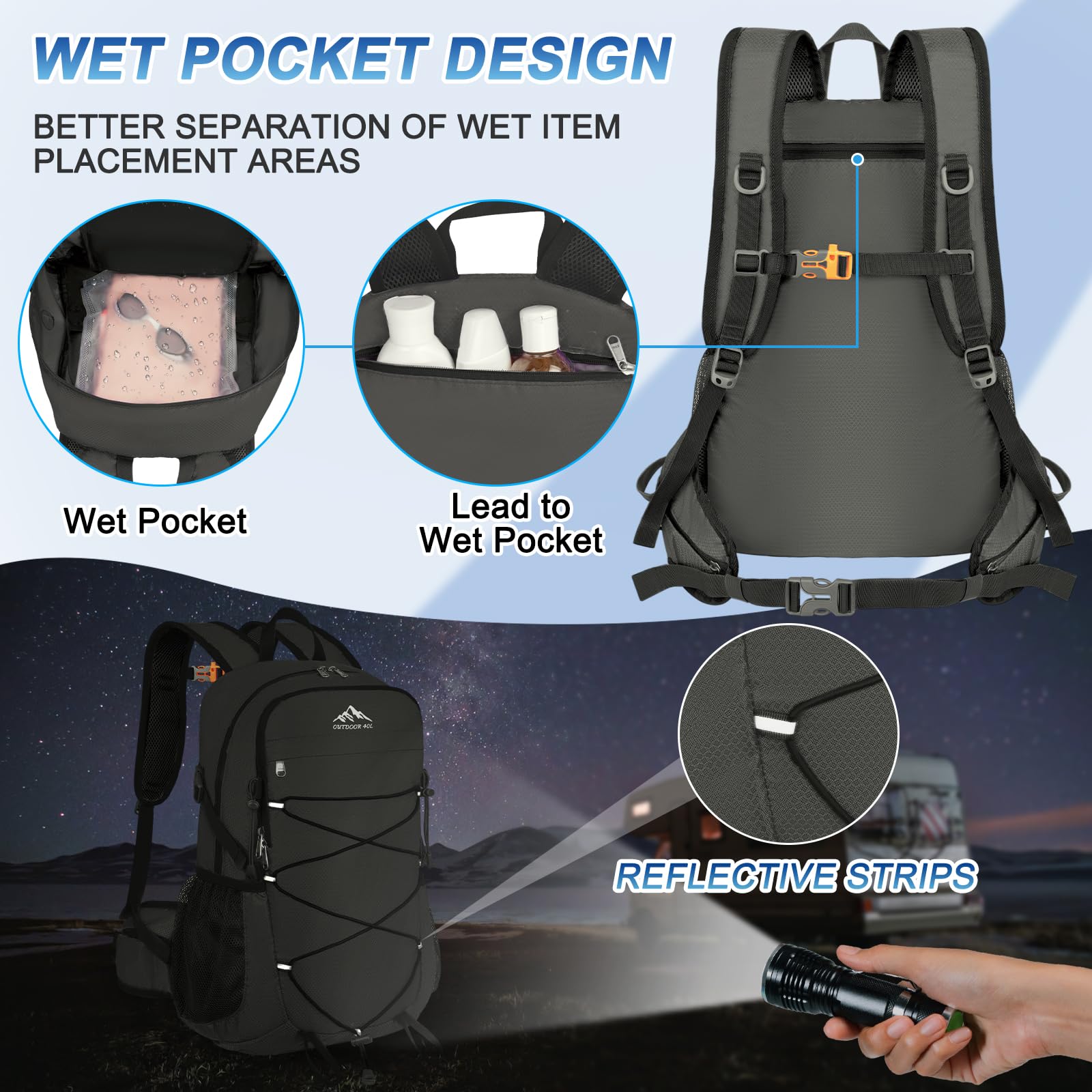 40L Lightweight Hiking Backpack - Waterproof Travel Daypack for Camping & Outdoor Adventures