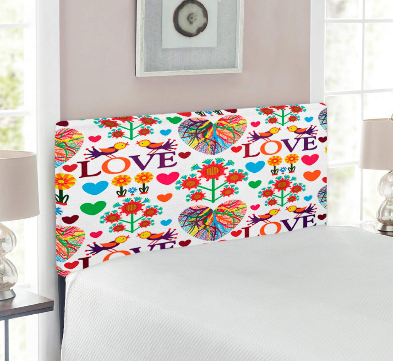 Ambesonne Love Headboard - Colorful Floral Romantic Pattern with Birds & Hearts, Ornate Traditional Art Design | Upholstered Decorative Metal Bed Headboard with Memory Foam | Twin Size, Multicolor | Perfect for Bedroom Decor, Guest Rooms & Romantic Master Suites