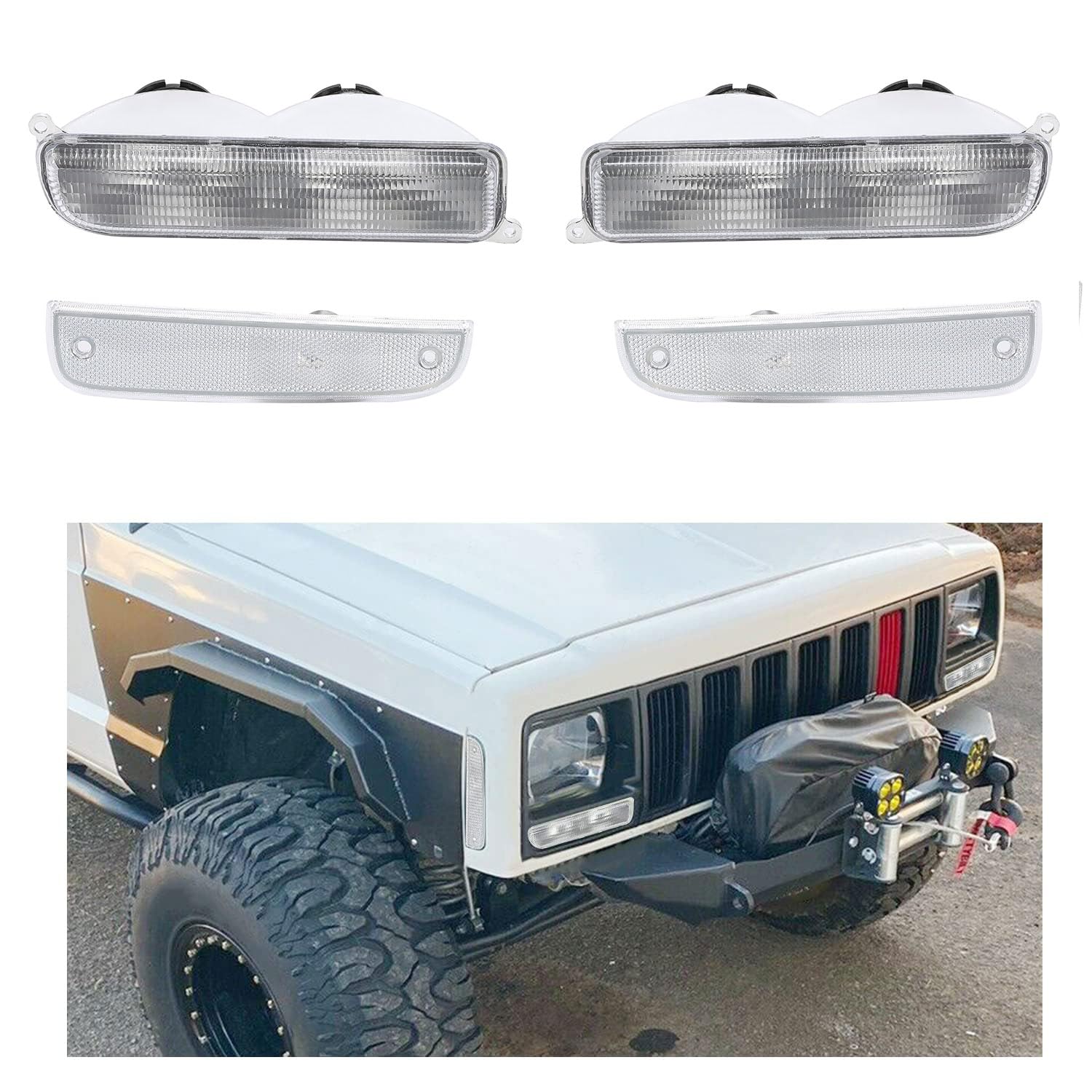 ECOTRIC Clear Corner Lights & Bumper Signal Lights Compatible with 1997-2001 Jeep Cherokee XJ - 4Pcs Replacement for Enhanced Visibility & Style (Off-Road, Night Driving, Custom Builds)