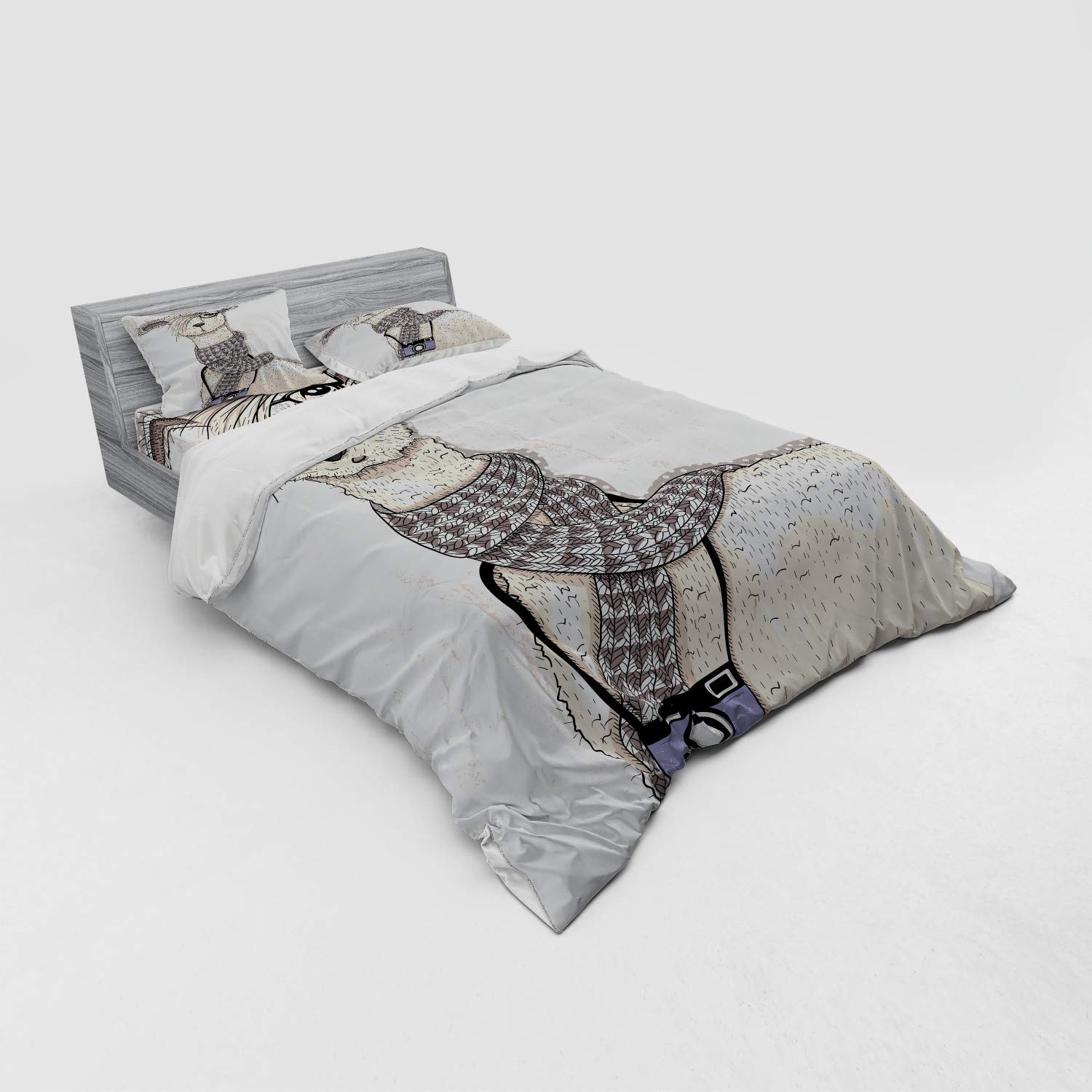 Ambesonne 4-Piece Llama Duvet Cover Set with Camera Scarf & Glasses - Hipster Animal Print on Beige Dotted Background - Queen Size Bedding Set Includes Shams & Fitted Sheet - Perfect for Bohemian & Eclectic Bedroom Decor