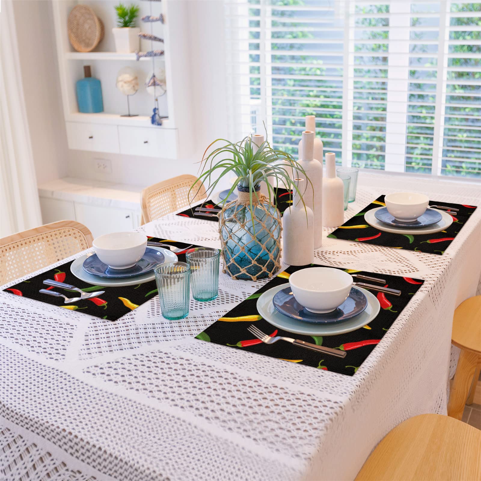 Vibrant Chili Pepper Placemats Set of 6 - Red, Yellow & Green Double-Sided Heat-Resistant Table Mats - Washable Kitchen Decor for Holiday Parties, Farmhouse Dining & Everyday Use