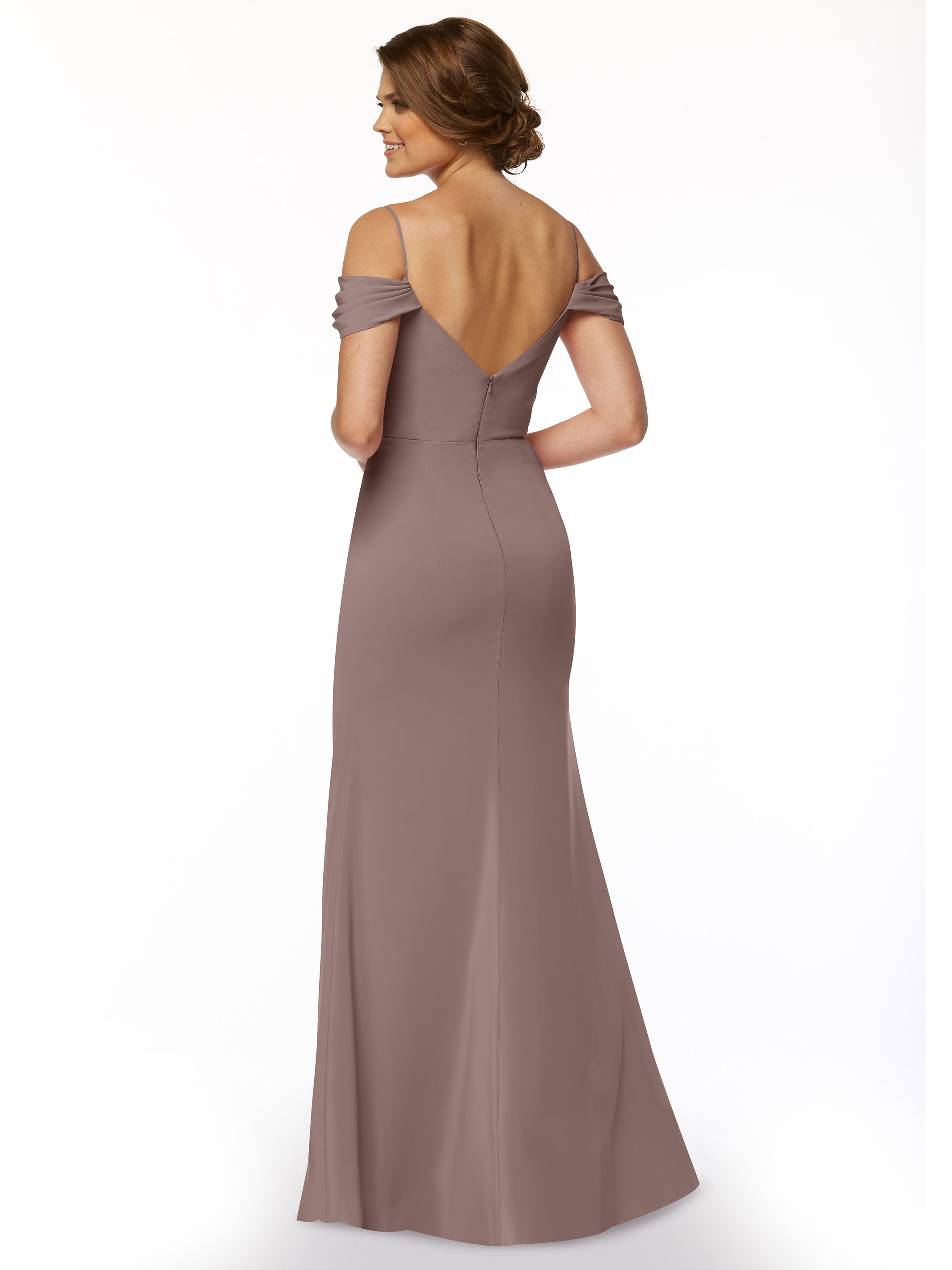 Elegant 83029 Fitted Stretch Chiffon Off-The-Shoulder Bridesmaid Dress with High Slit - Perfect for Weddings, Prom & Formal Events