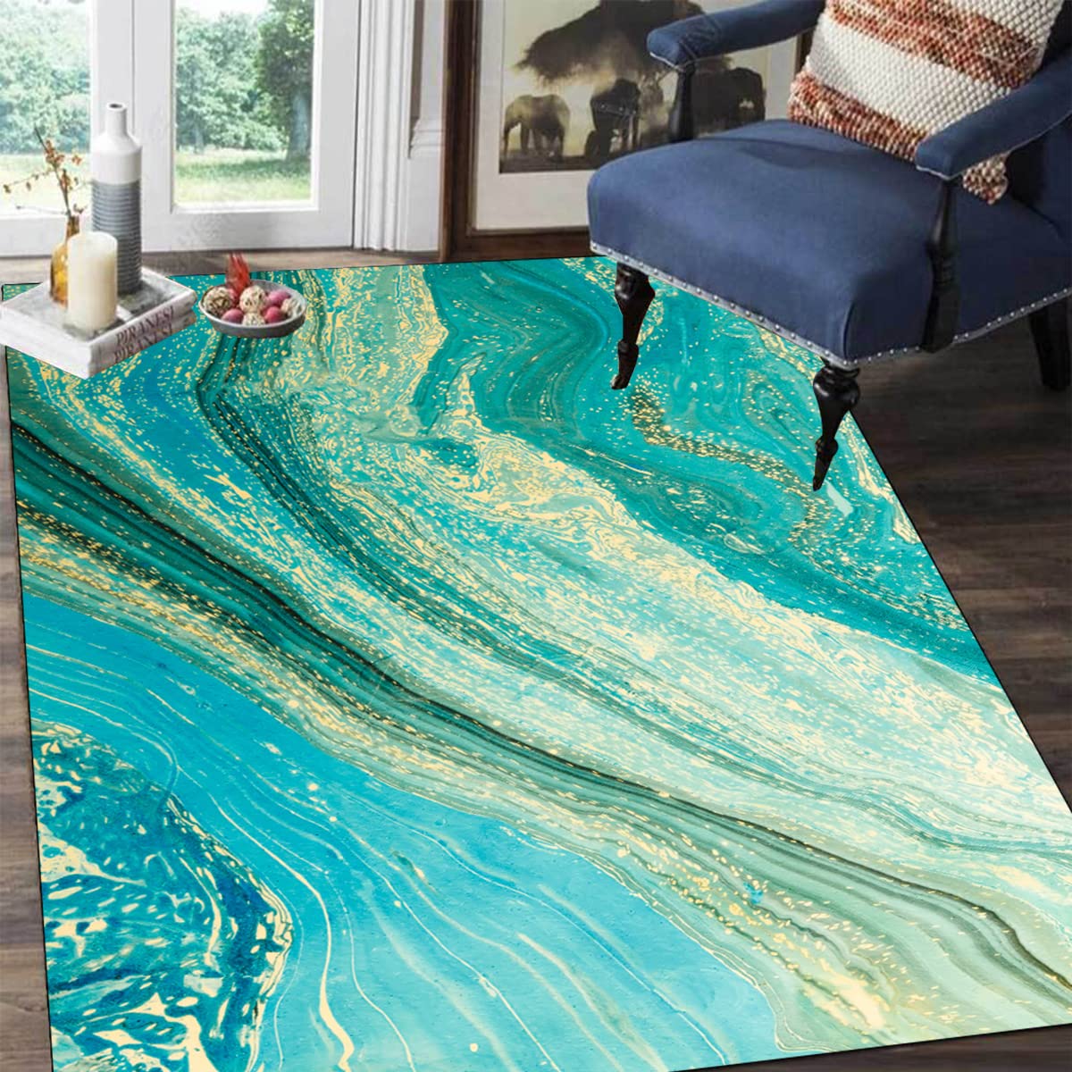 Teal Gold Coastal Ocean Theme 6x8 Modern Abstract Soft Area Rug - Washable Non-Shedding for Living Room, Bedroom, Dining Room, Home Office | Coastal Decor, Boho Chic Style, Beach House Flooring
