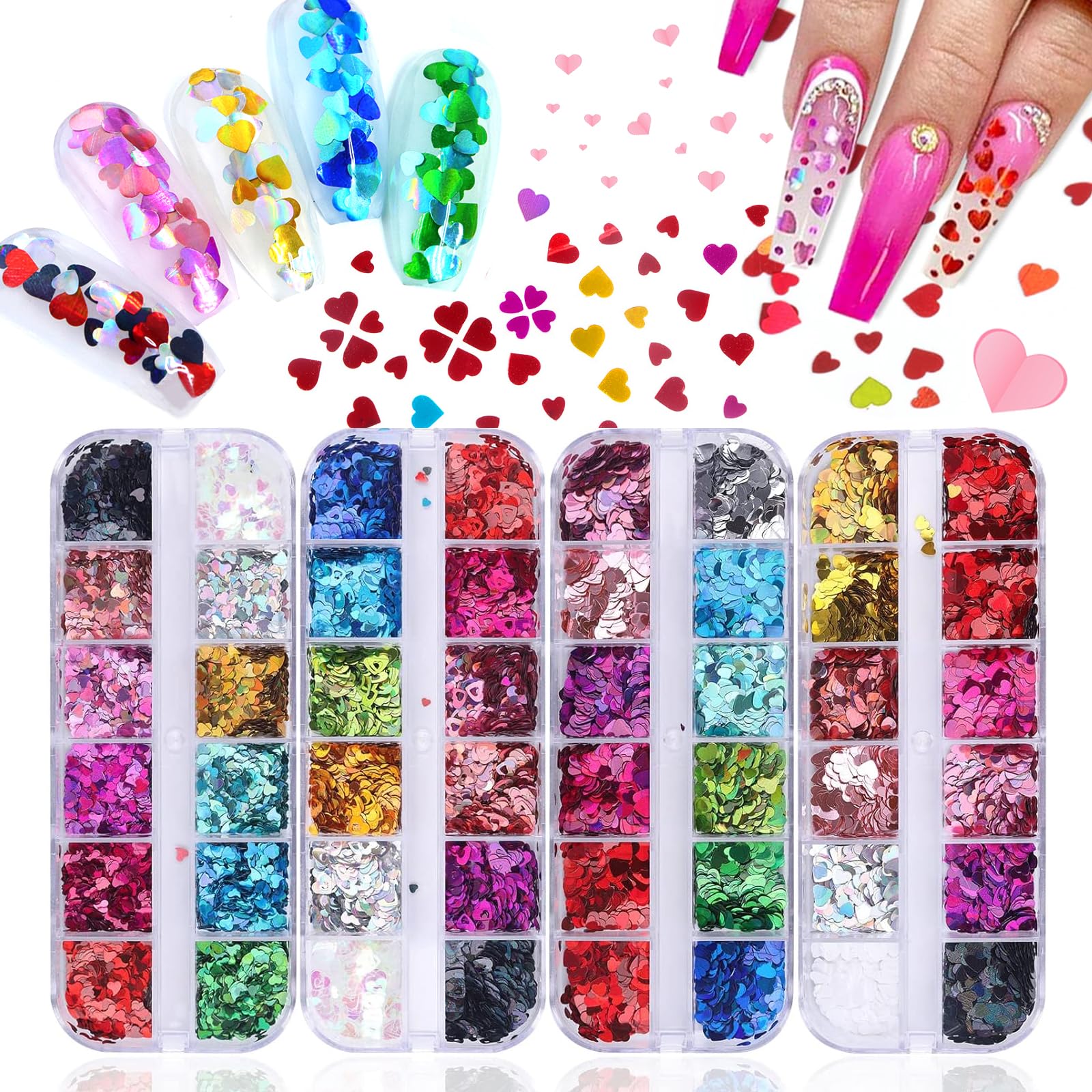 Holographic Heart Shaped Nail Glitter Sequins - Valentines Day Nail Art Decorations for Acrylic Nails, Face & Body Makeup - Perfect for Parties, Weddings, and Special Occasions