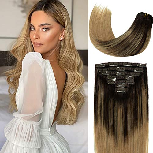 Luxury Clip-In Hair Extensions 16 Inch - 100% Remy Human Hair, Dark Brown to Light Golden Balayage, Straight & Thick 120g for Volume & Length | Perfect for Parties, Weddings & Daily Styling