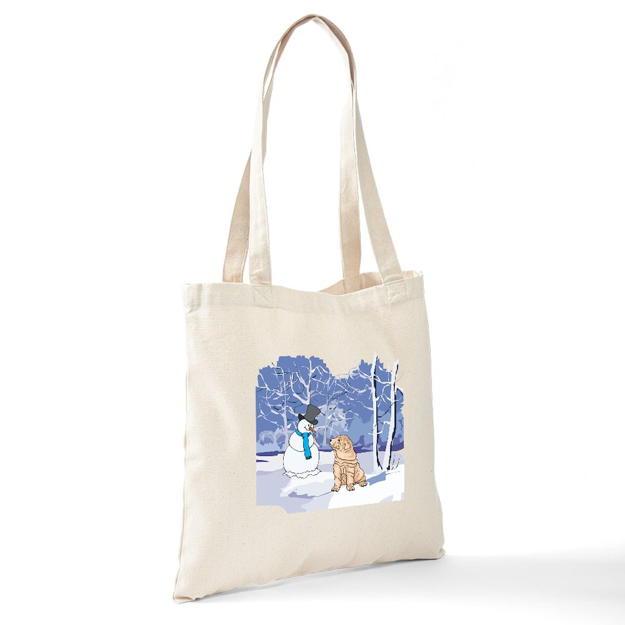 Snowman & Shar Pei Holiday Tote Bag - Natural Canvas Reusable Shopping Bag for Groceries, Beach, Work & Christmas Gifts