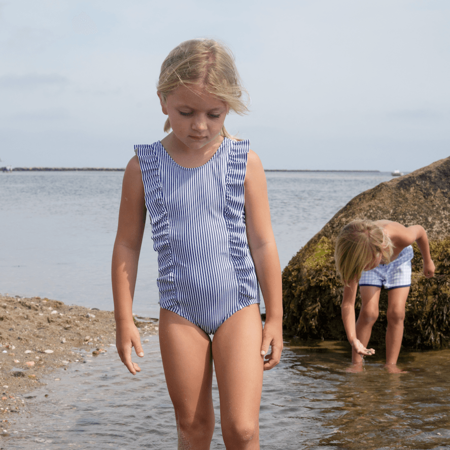 Navy Striped Ruffle One-Piece Romper for Girls - Perfect for Playdates, Parties, and Summer Outfits