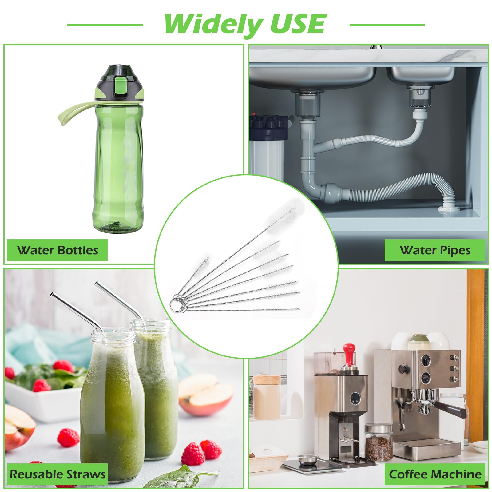 Silicone Cleaning Plugs & Brushes Set for Glass Pipes - 3 Stoppers & 8 Brushes (Green) - Perfect for Cleaning & Storing Water Pipes