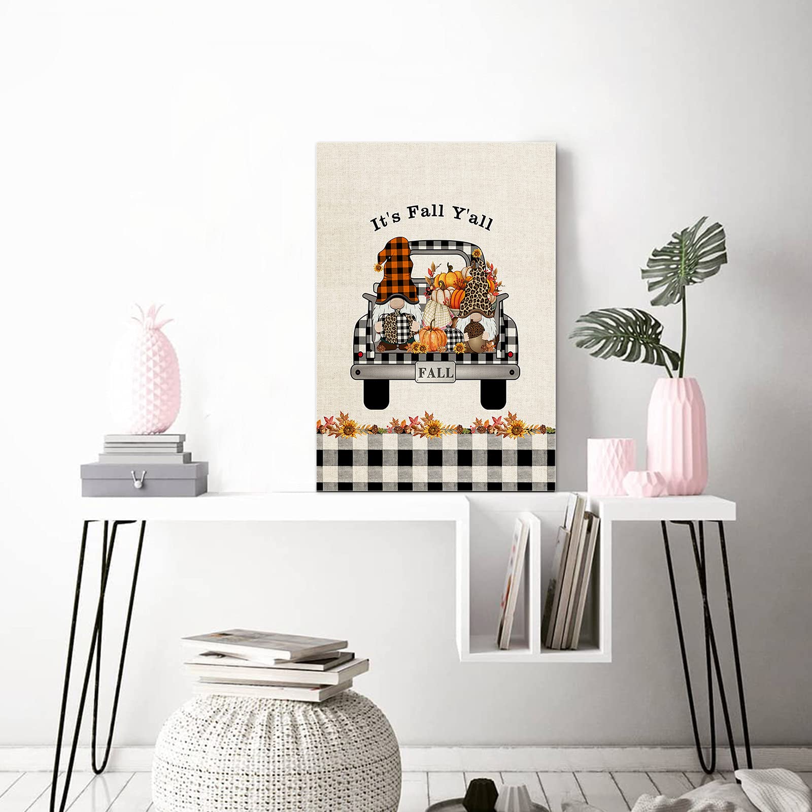 Fall Retro Thanksgiving Wall Art - Buffalo Plaid Leopard Gnome & Pumpkin Framed Canvas Print - Abstract Painting for Bedroom, Bathroom, Kitchen Decor - Ready to Hang Gift (12x18 Inches) - Perfect for Seasonal Home Styling & Holiday Gifts