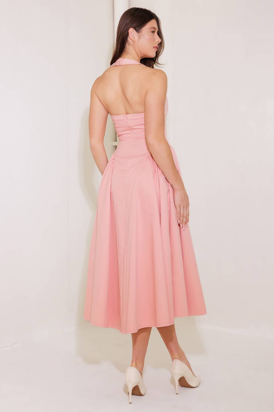 Soft Pink Halter Midi Dress for Women - Elegant Rainy Day Outfit for Summer Beach Parties & Casual Dates