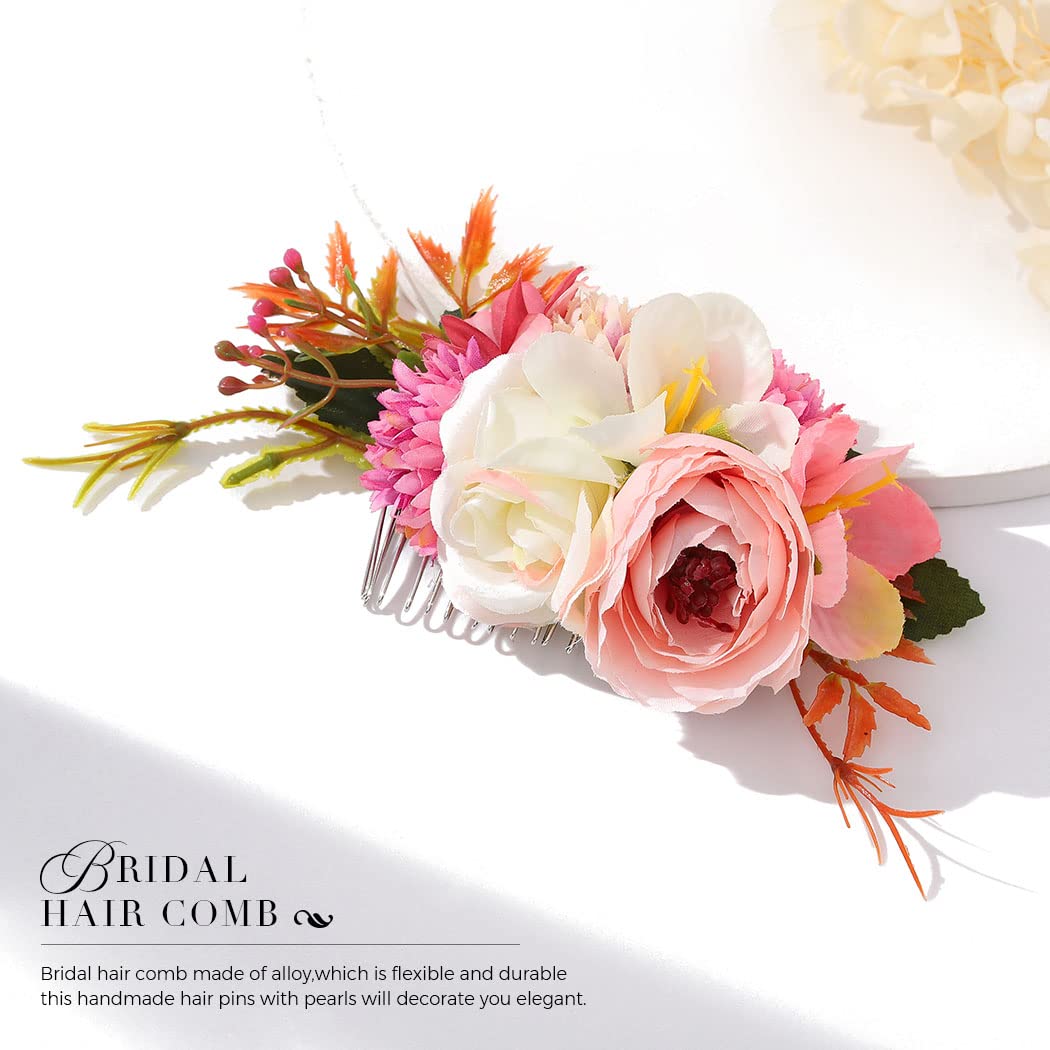 Elegant White Floral Bridal Hair Comb with Rose & Leaf Design - Wedding Hair Accessories for Women & Girls (Pink) | Perfect for Bridal Showers, Weddings & Special Occasions