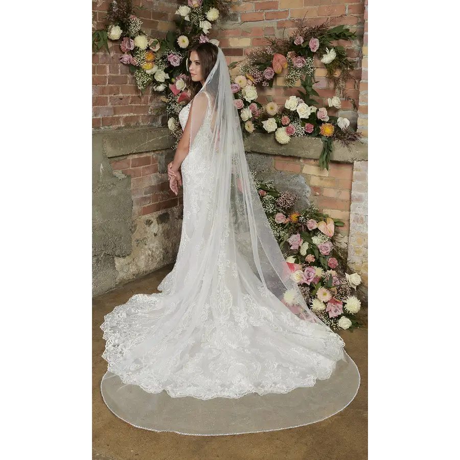 Elegant Lace Bridal Veil V2299C - Cathedral Length Wedding Veil with Beaded Edging for Bride, Perfect for Church Ceremonies & Romantic Photos