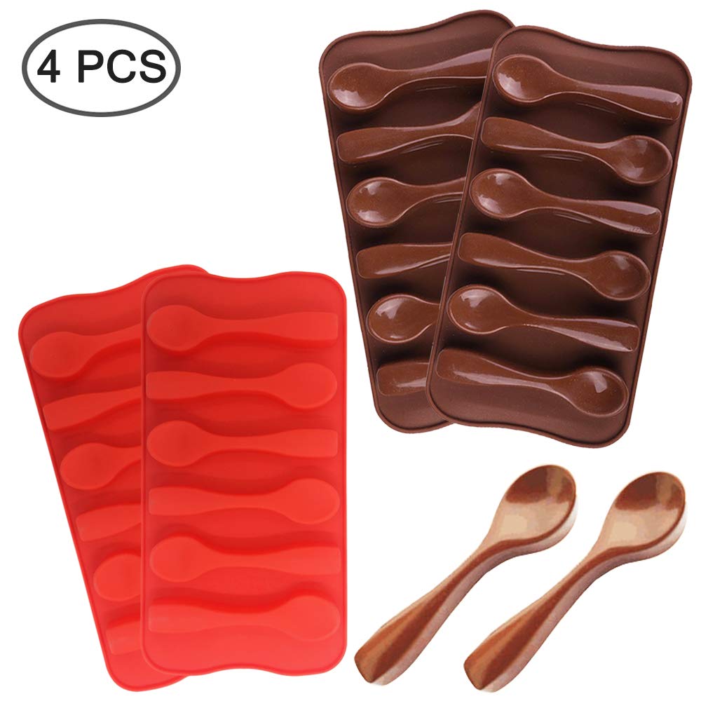 4 Pack Silicone Spoon Molds for Chocolate & Candy Making - DIY Chocolate Spoon Molds for Baking, Party Favors, Holiday Decor (Red & Brown) - Perfect for Valentine's Day, Christmas & Birthday Treats