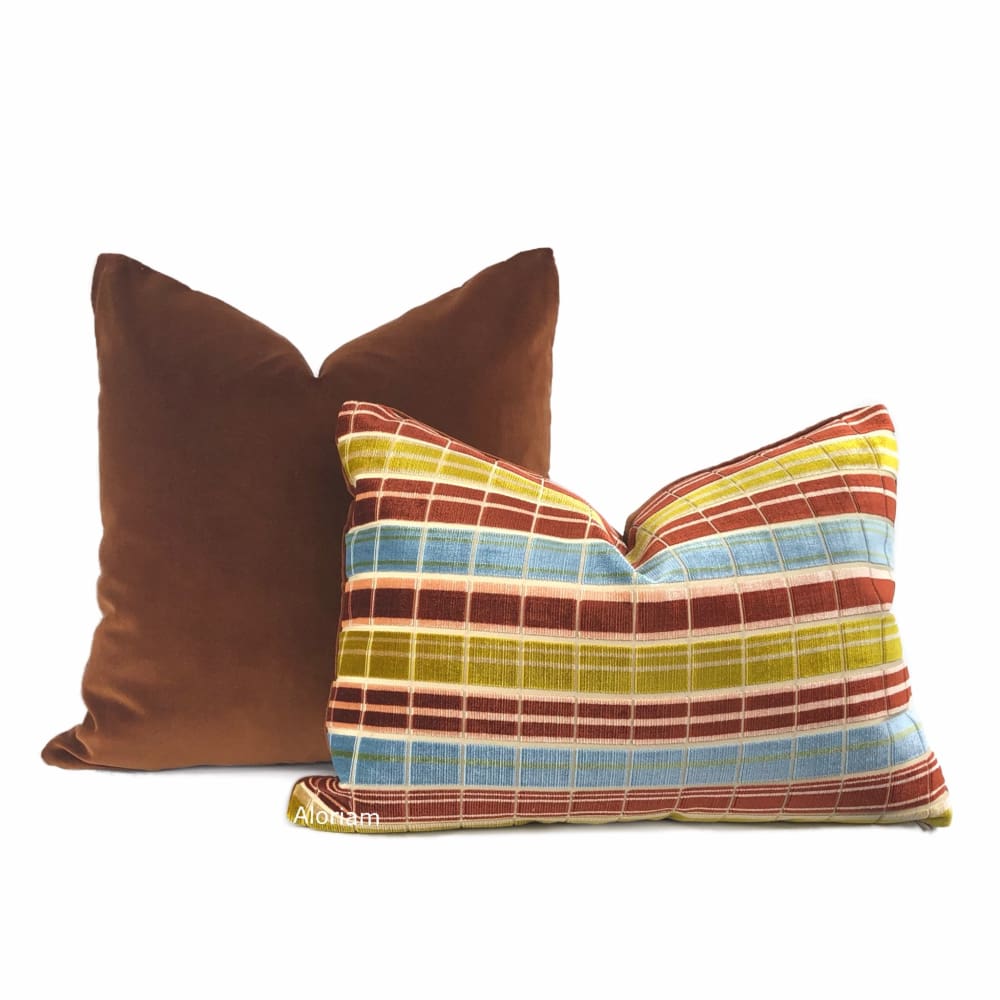 Regent's Park Rust Blue Gold Plaid Silk Velvet Pillow Cover - Luxury Decorative Throw Pillow Case for Sofa, Bed & Home Decor (Lee Jofa Fabric) - Perfect for Living Room, Bedroom & Cozy Spaces