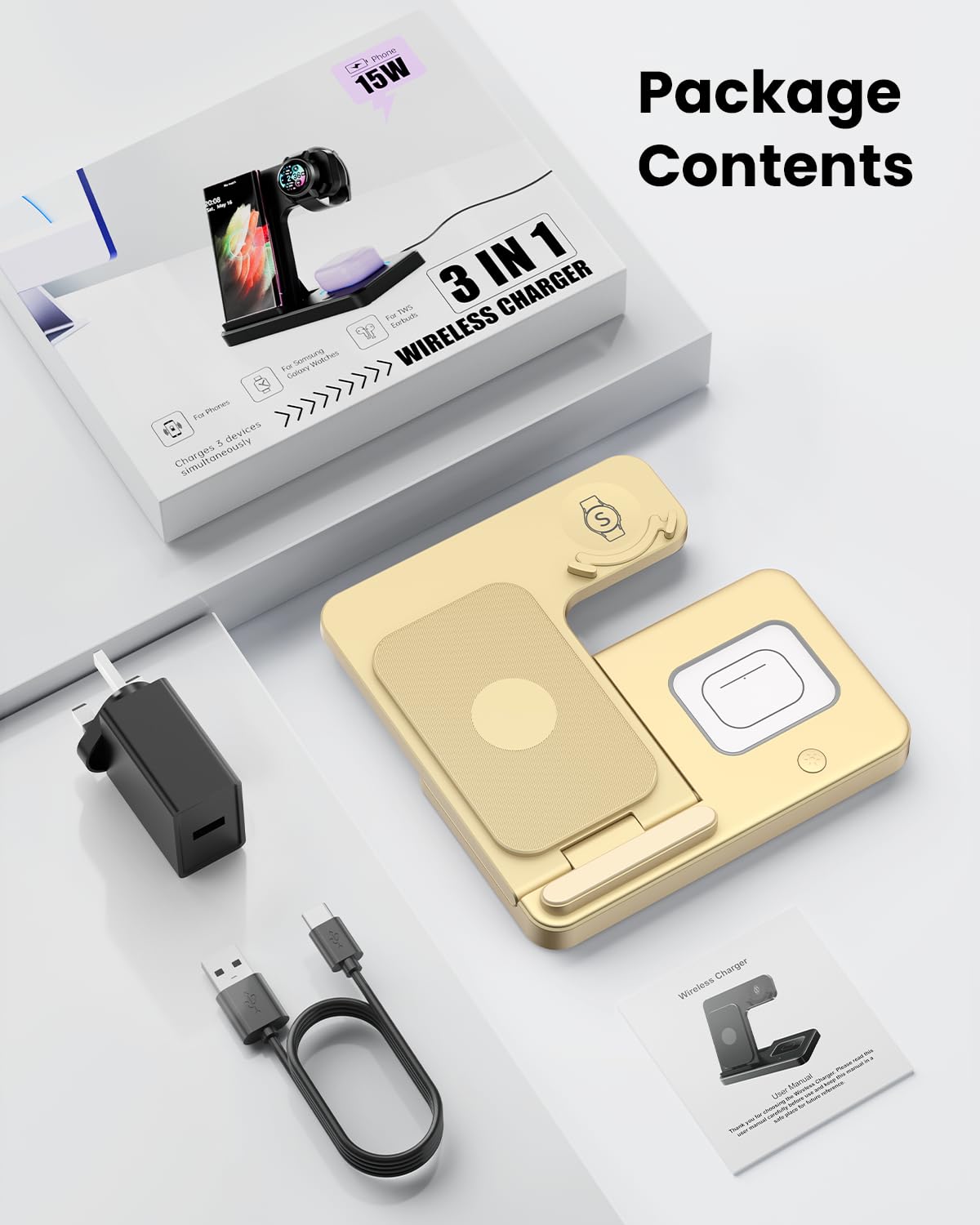 GEEKERA 3-in-1 Wireless Charging Station for Samsung Galaxy S24/S23/Z Fold/Flip, Fast Charger for Galaxy Watch 7/6/5/4/3 & Buds - Foldable Dock Station (Gold) | Perfect for Home, Office & Travel Charging Needs