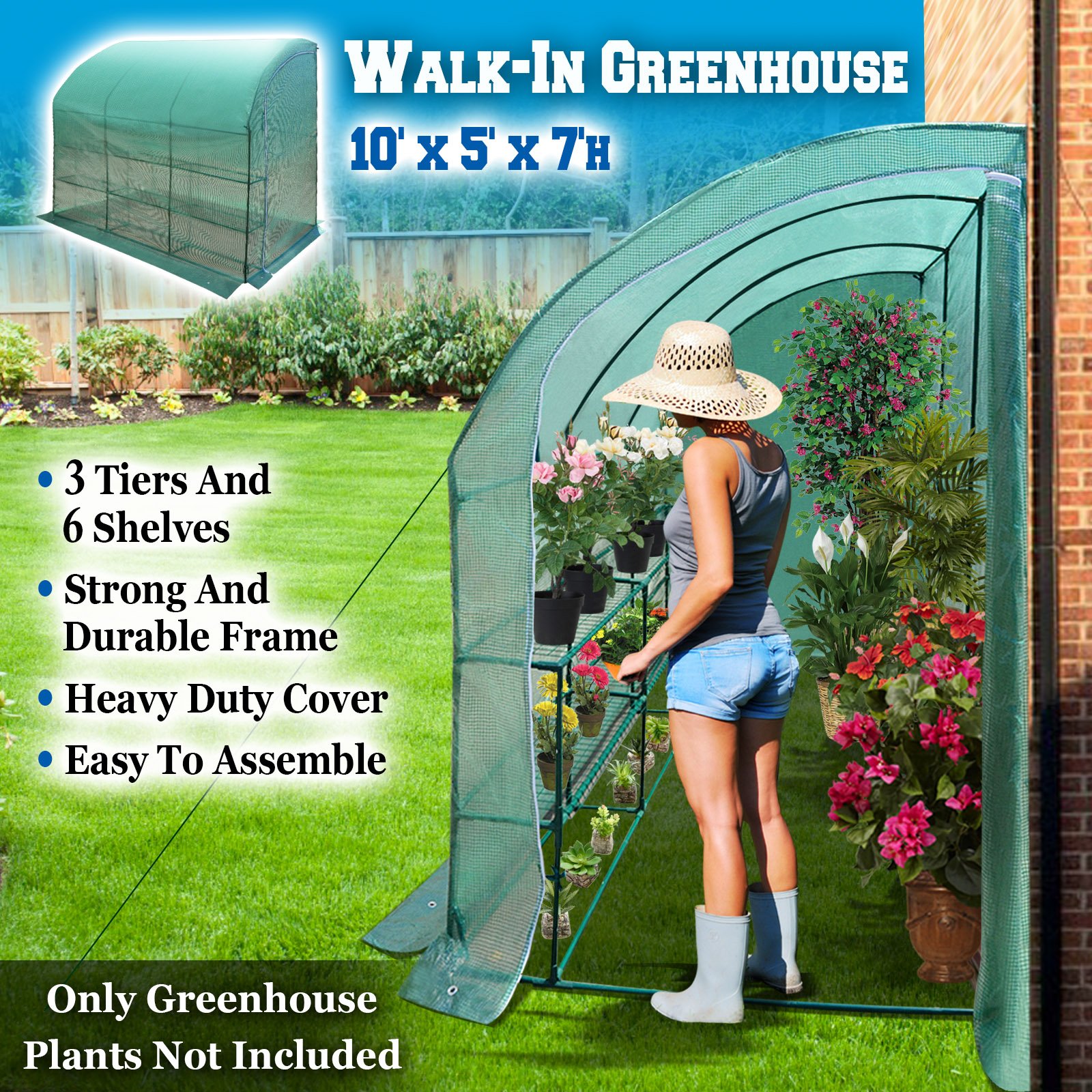 BenefitUSA Large Walk-in Wall Greenhouse 10x5x7 Feet with 3 Tiers & 6 Shelves - Durable Gardening Greenhouse for Outdoor Plants, Vegetables & Flowers - Perfect for Backyard, Patio & Urban Gardening (Green)