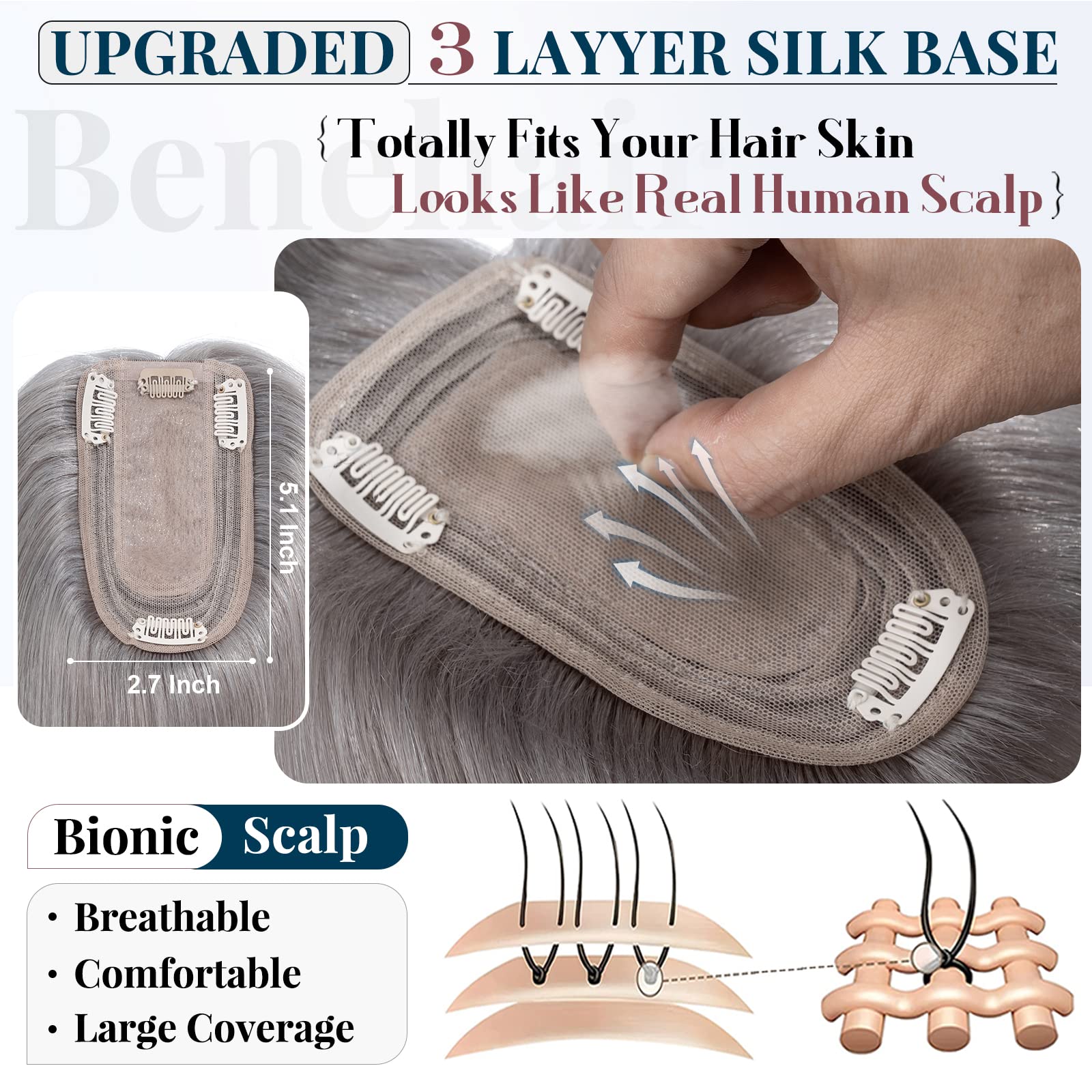 Benehair Clip-in Human Hair Topper for Women with Thinning Hair - 10
