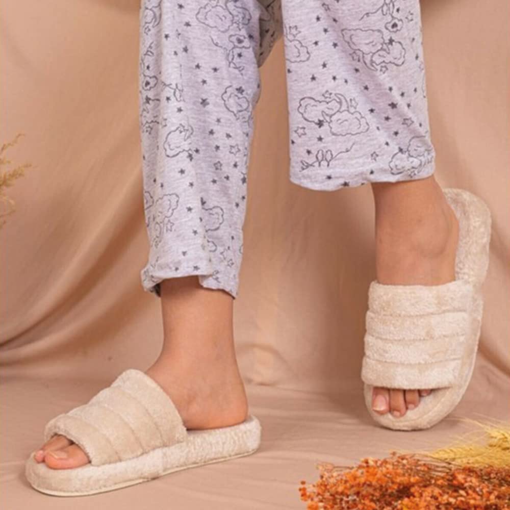 Breathable Soft Faux Rabbit Fur Open Heel Slippers for Women with Memory Foam - Comfortable Indoor Outdoor House Slippers (Size 5-10) - Perfect for Lounging at Home, Running Errands & Cozy Gift Giving