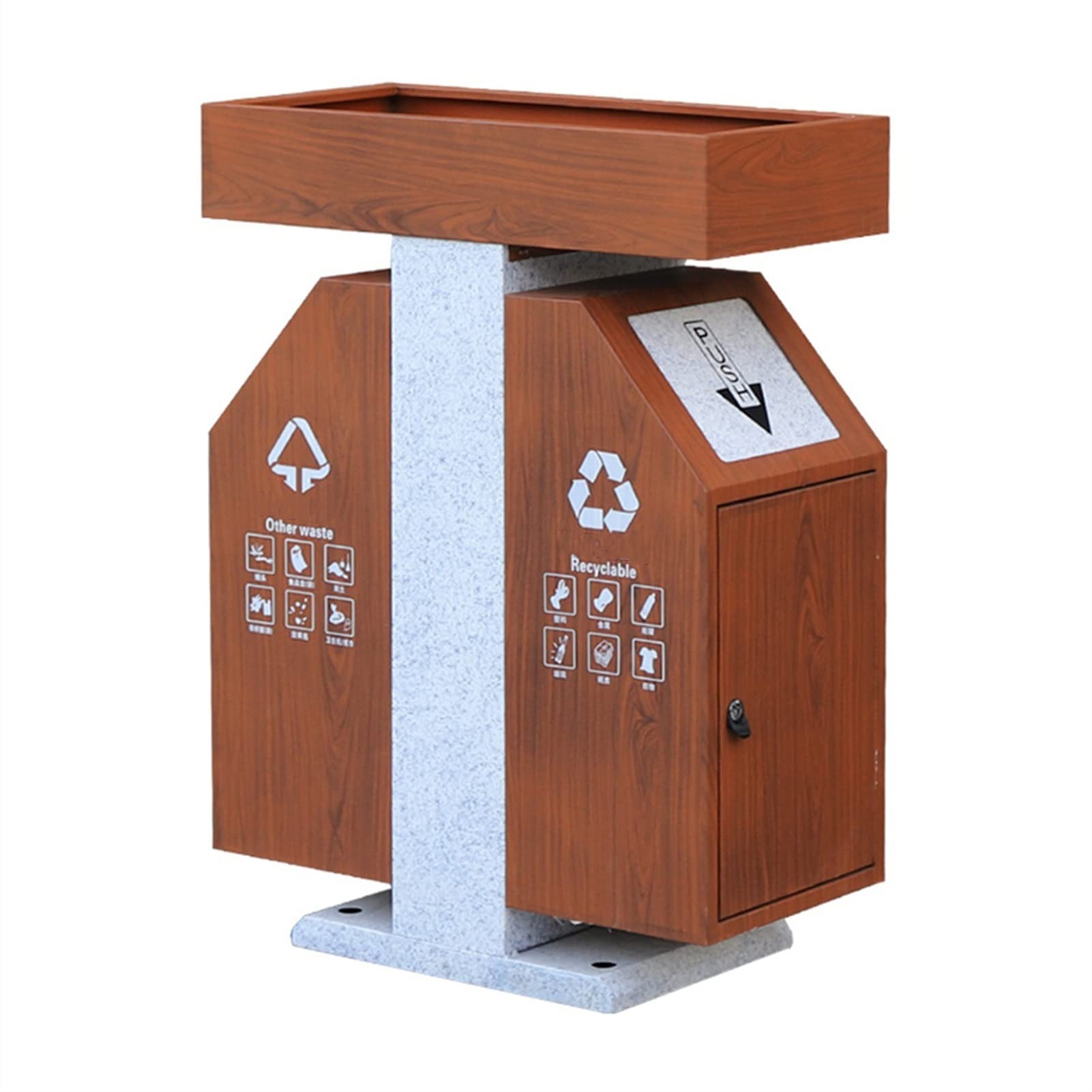 TOMYEUS 50 Gallon Outdoor Trash Can with Lid - Large Wood Grain Double Bin Waste Container for Yard, Garden & Patio - Durable Weatherproof Garbage Can with Flower Planter Box for Home & Commercial Use