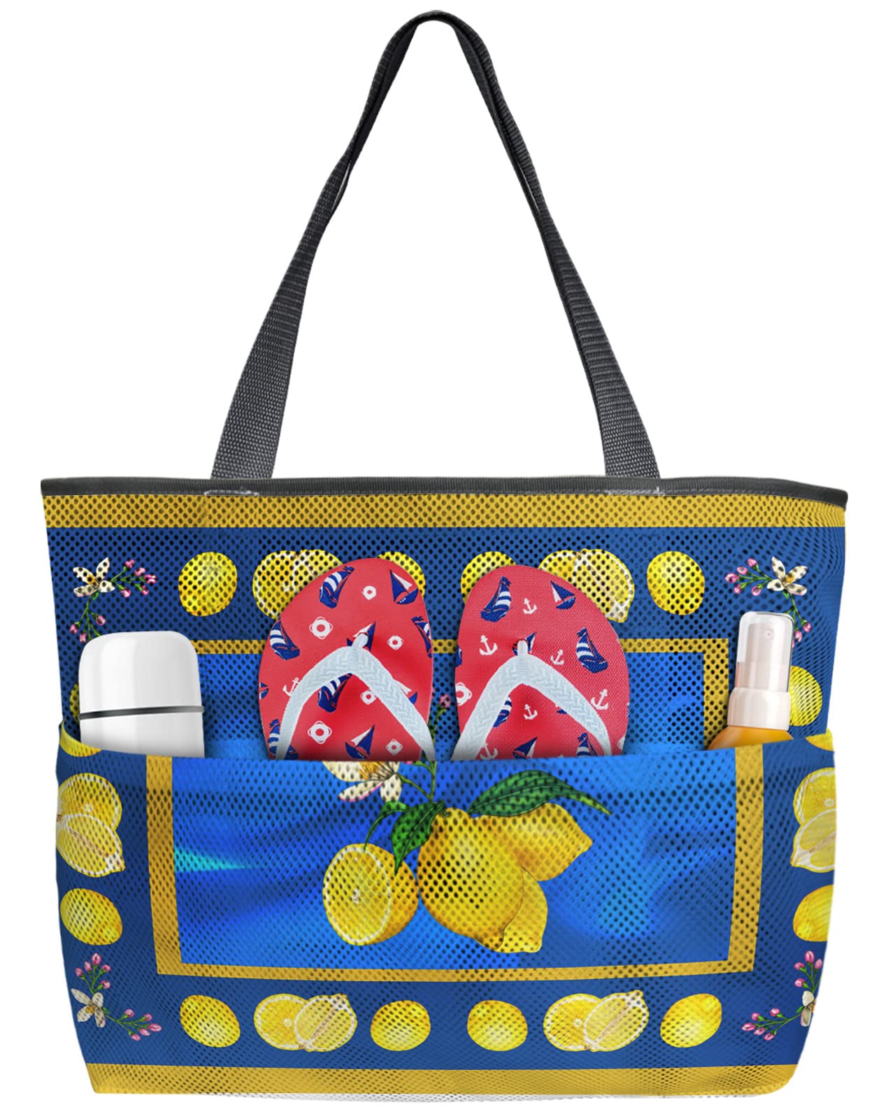 Stylish Mesh Beach Bag for Women - Large Lightweight Tote with 8 Pockets, Rustic Lemon Flower Design - Perfect for Pool, Gym, Travel & Summer Outings