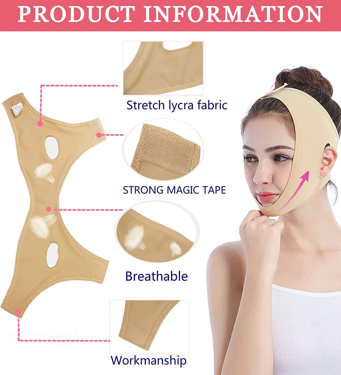 Frackson Beige V-Shape Face Slimming Mask for Women - Double Chin Reducer, Breathable Face Lifting Belt, Anti-Wrinkle & Anti-Aging Facial Strap (XL Size) | Perfect for Home Spa, Self-Care Routines & Travel