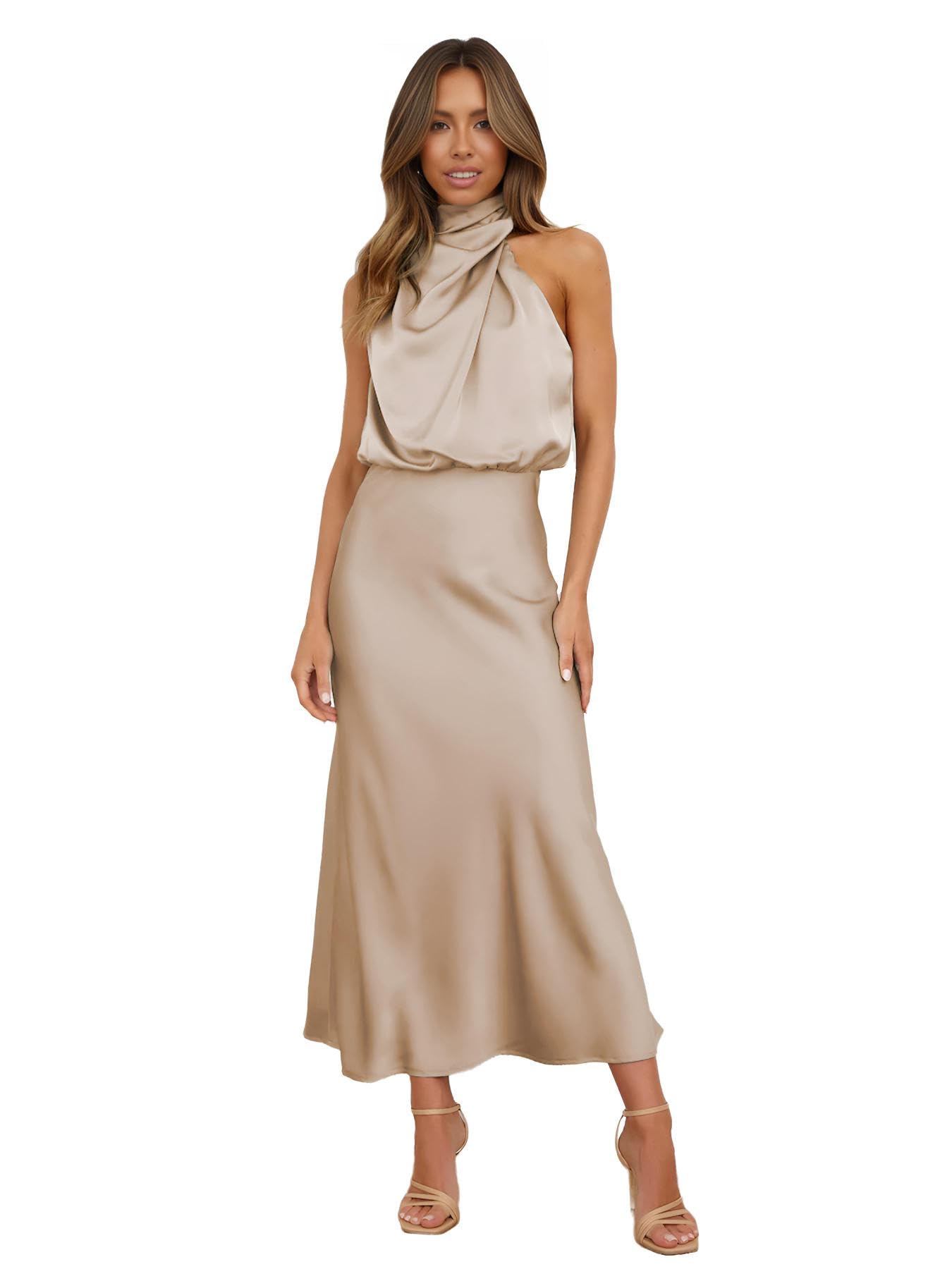 Elegant Women's Satin Cocktail Dress - Sleeveless Mock Neck, Elastic High Waist Maxi Dress for Evening Parties, Weddings & Special Occasions