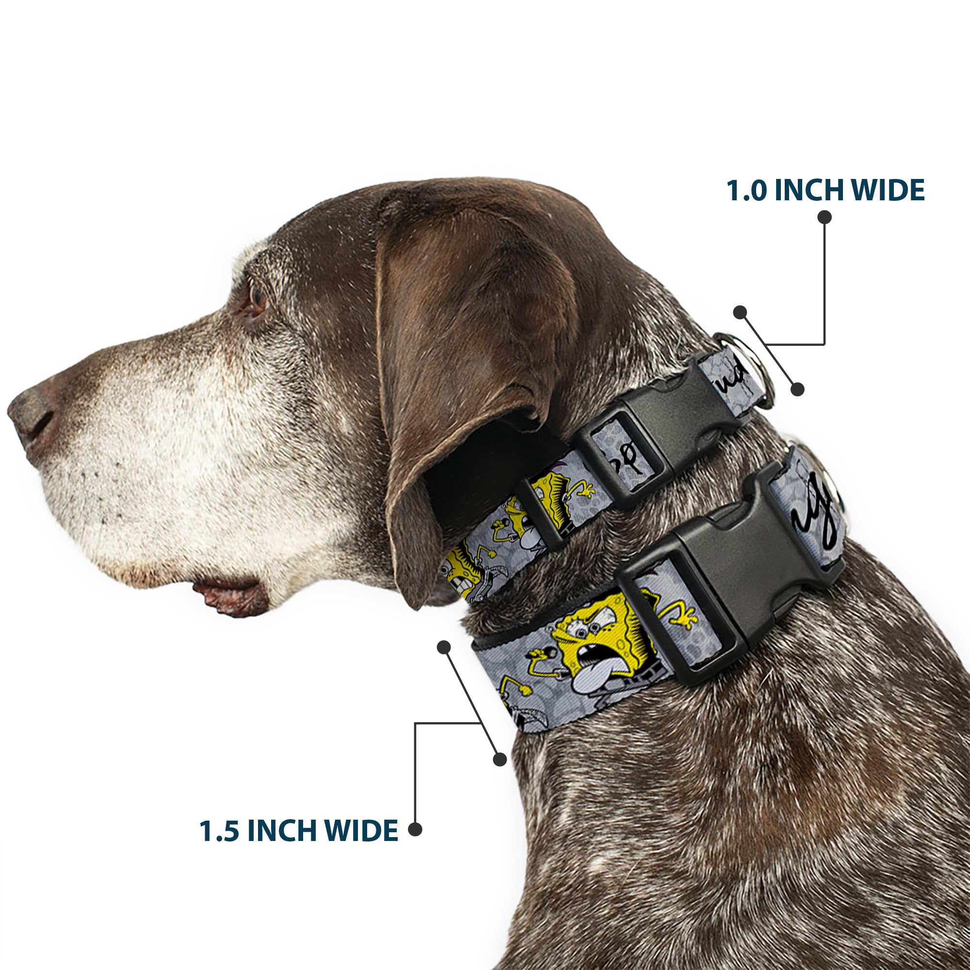 Spongebob Dog Collar with Plastic Clip - 3 Fun Poses (Spongeitude Grays & Black) - Adjustable 13-18 Inches, 1.5 Inch Wide - Perfect for Cosplay, Pet Costumes & Cartoon-Themed Outfits